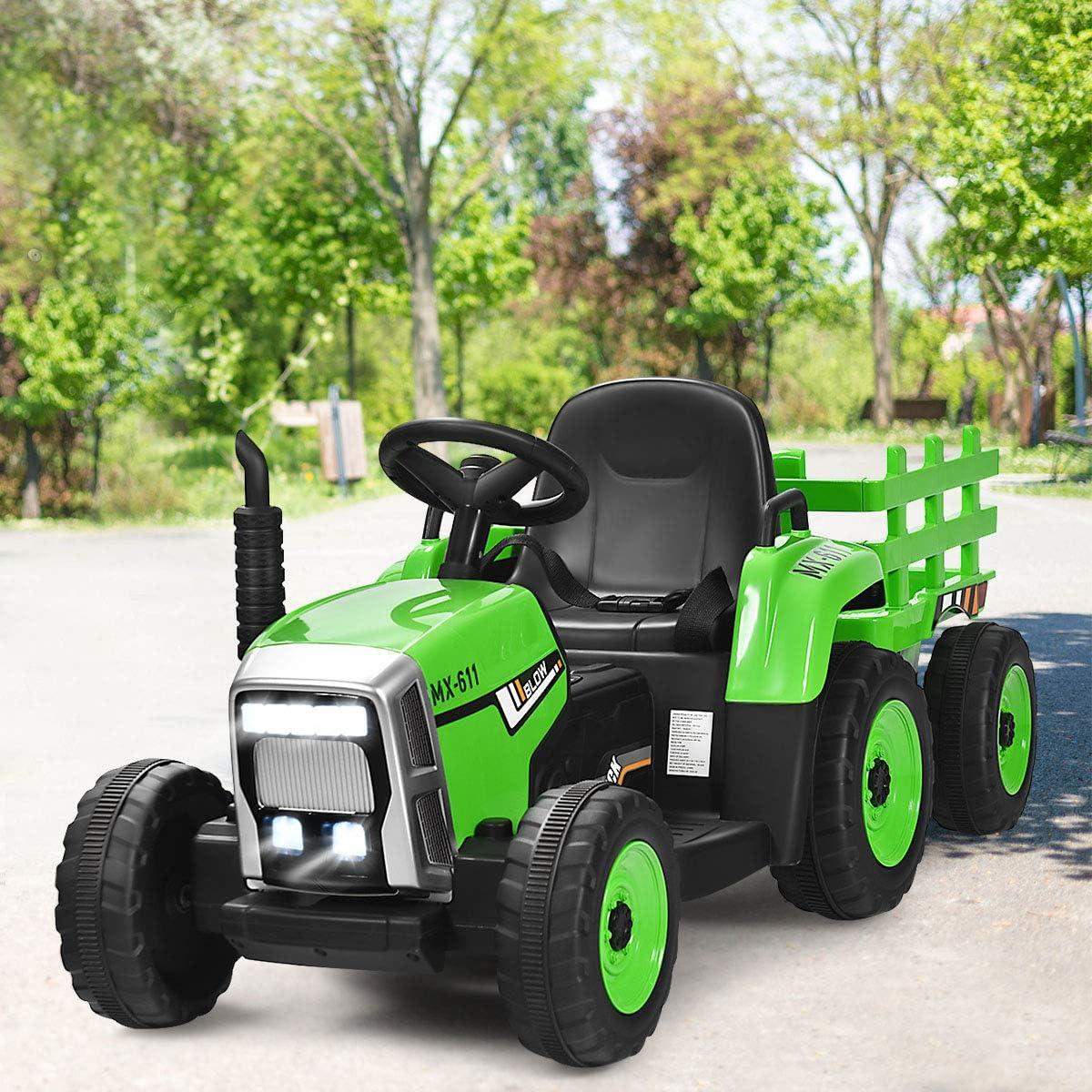 Green 12V Kids Ride-On Tractor with Trailer and Remote Control