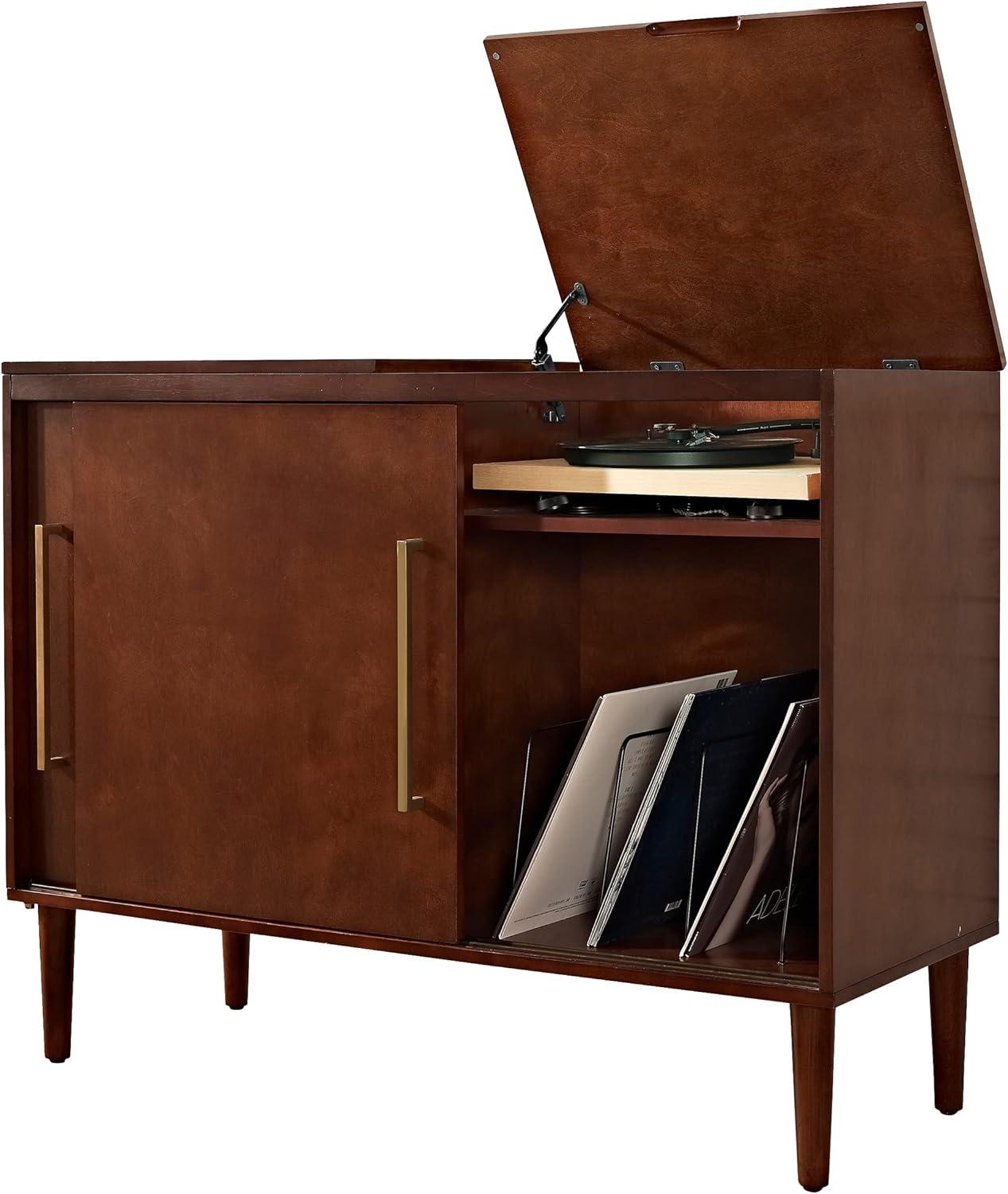 Everett Mid-Century Modern Brown Media Console with Record Storage