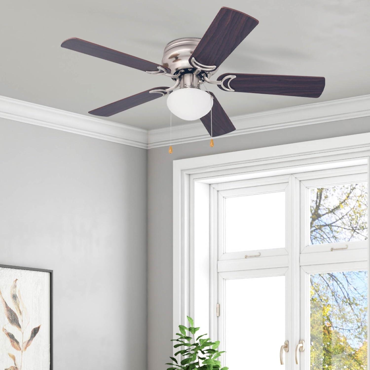 Prominence Home Alvina, 42 Inch Traditional Flush Mount Indoor LED Ceiling Fan with Light, Pull Chain, Dual Finish Blades, Reversible Motor - 80029-01 (Satin Nickel), 52