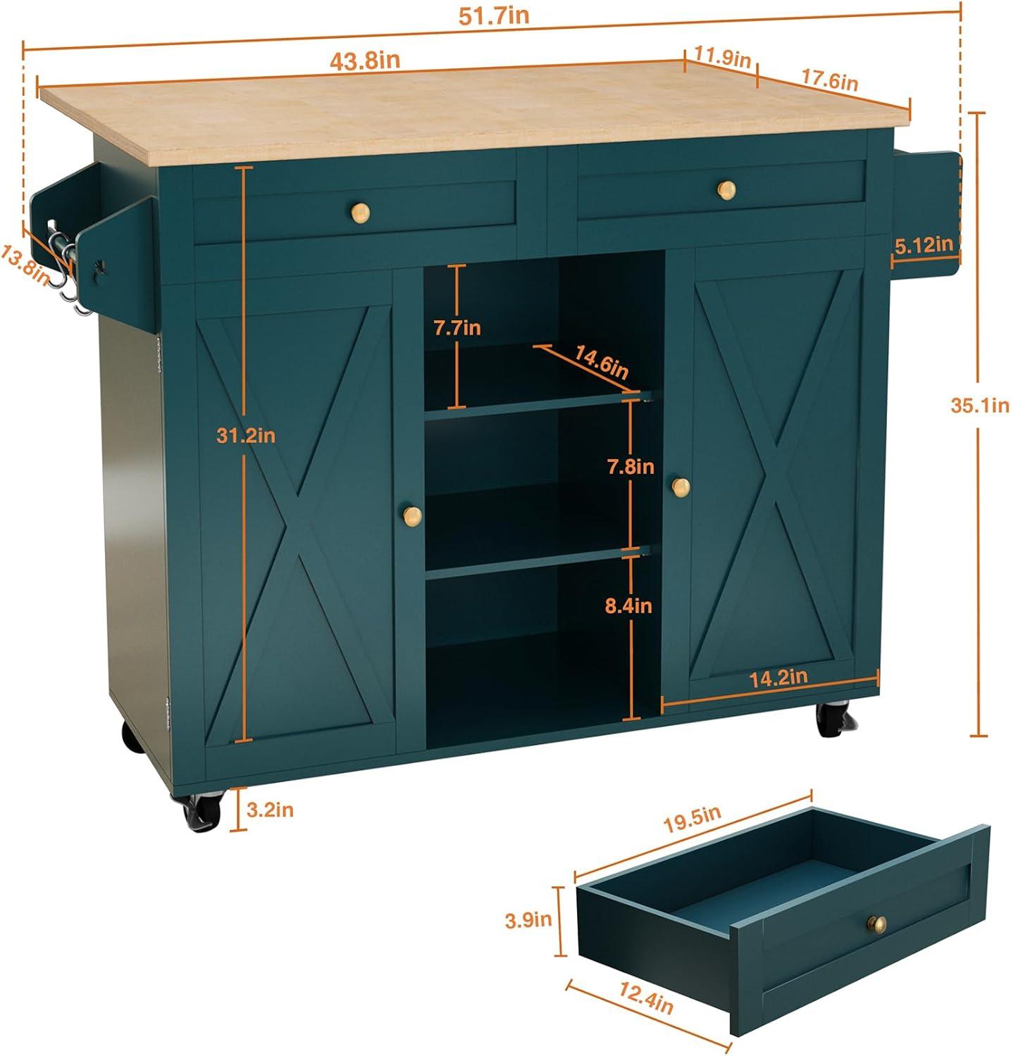 HLR Kitchen Islands with Storage and Drop Leaf, Green, 51.70 in