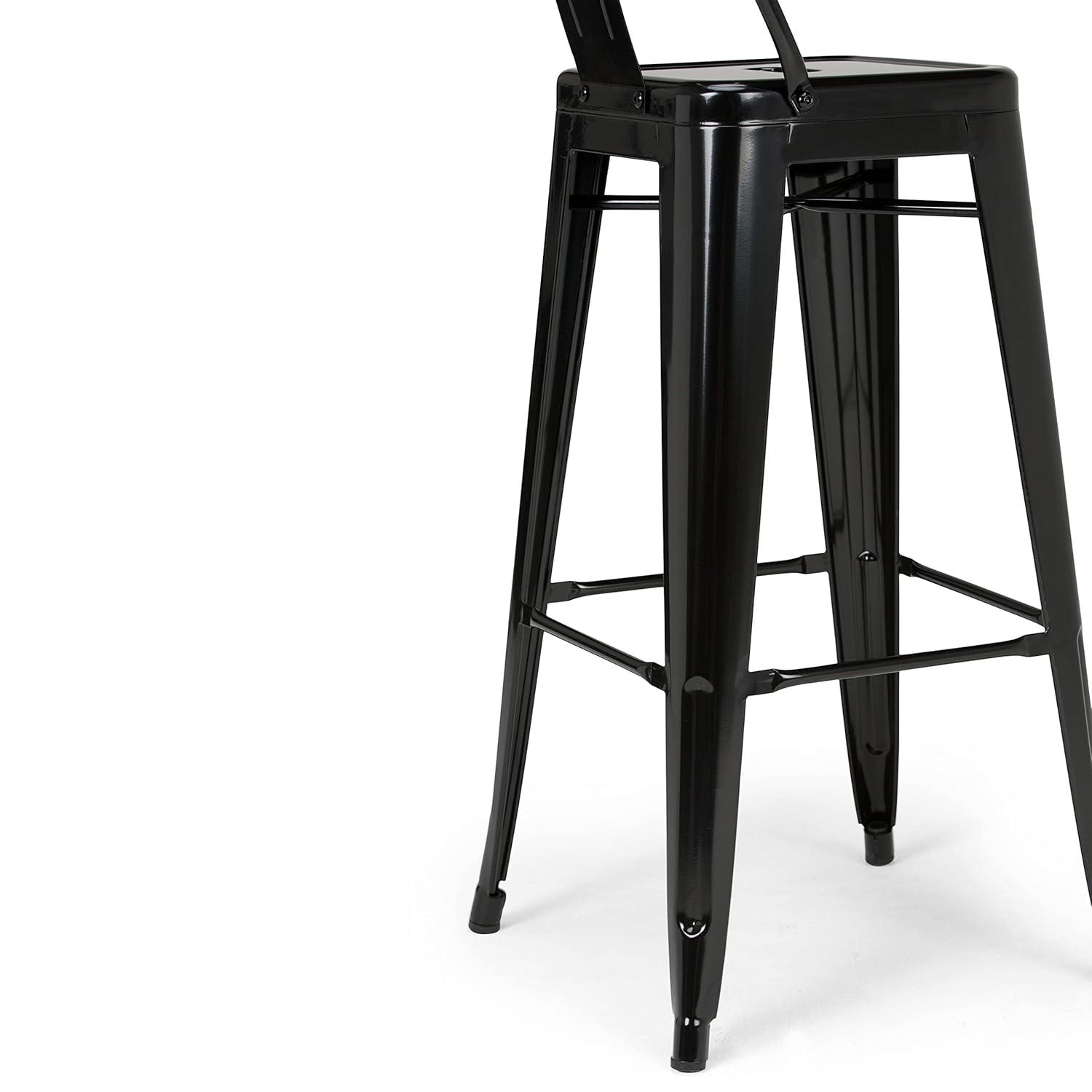 Simpli Home Rayne Metal Industrial Stool with Curved Back, Cross-Brace, and Footrest