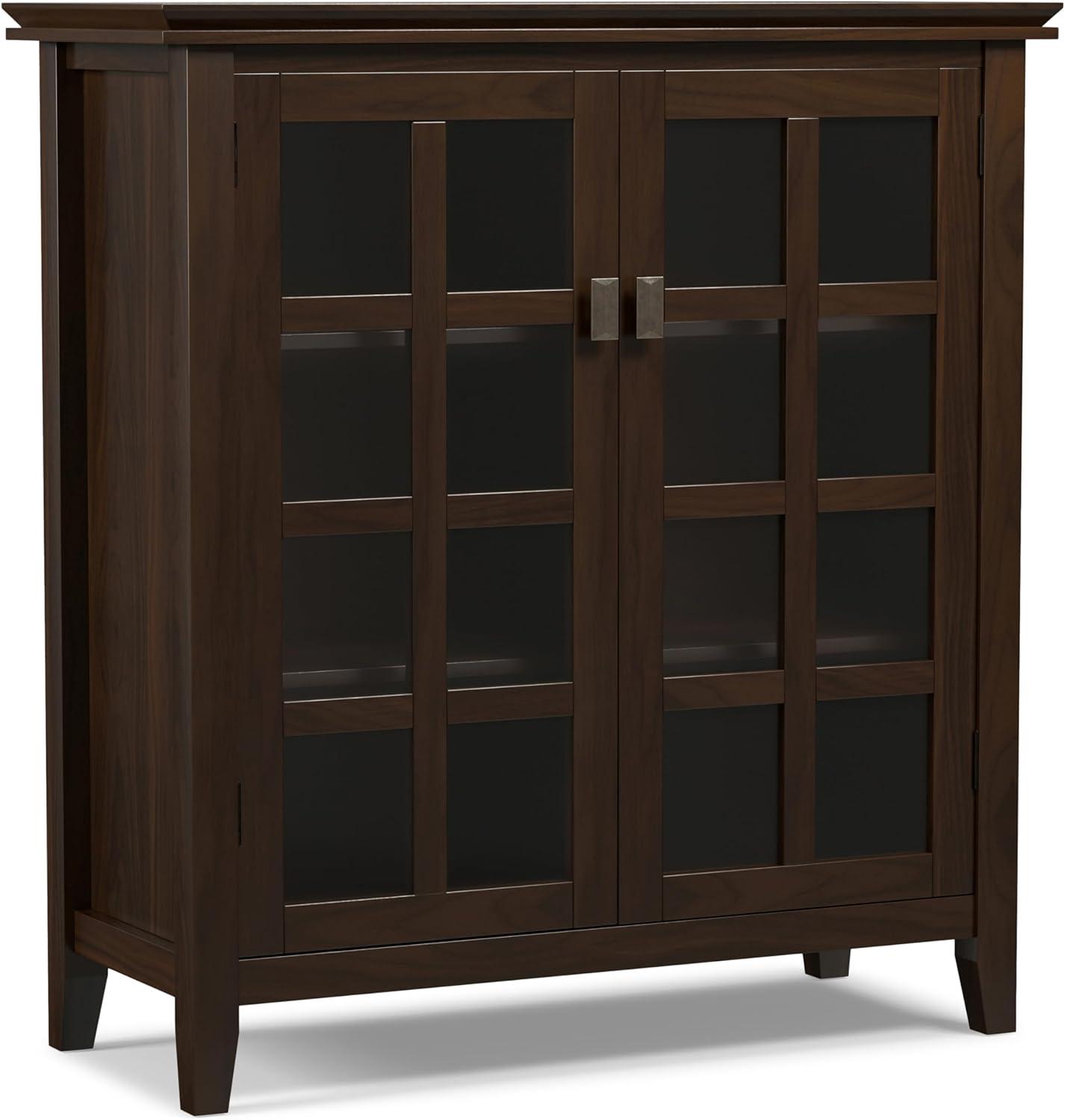 Simpli Home Artisan 38"W Solid Wood 4-Shelf Medium Storage Cabinet with Glass Doors and Adjustable Shelves