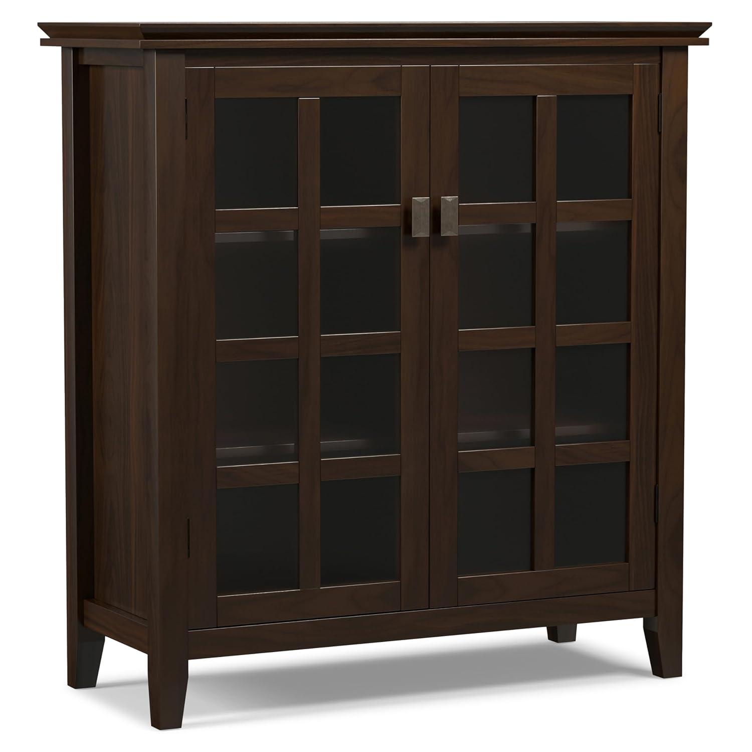 Simpli Home Artisan 38"W Solid Wood 4-Shelf Medium Storage Cabinet with Glass Doors and Adjustable Shelves