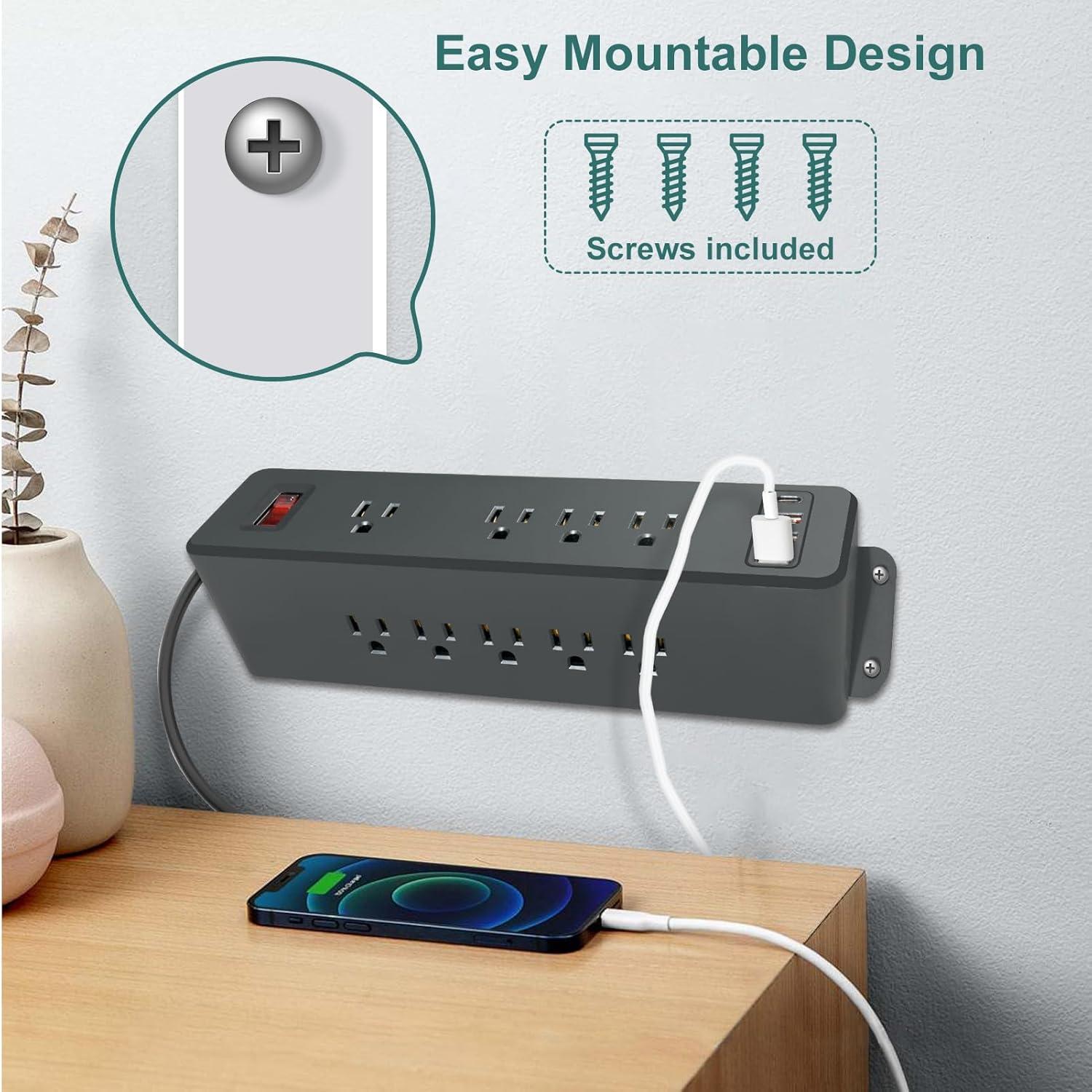 9 Outlets Wall Mount Power Strip with USB C PD, Triangle Double Side Outlet Extender Strip Fast Charge USB-A Ports & 1 PD USB C Port Flat Plug Mountable Desk Charging Station for Office Home Dorm