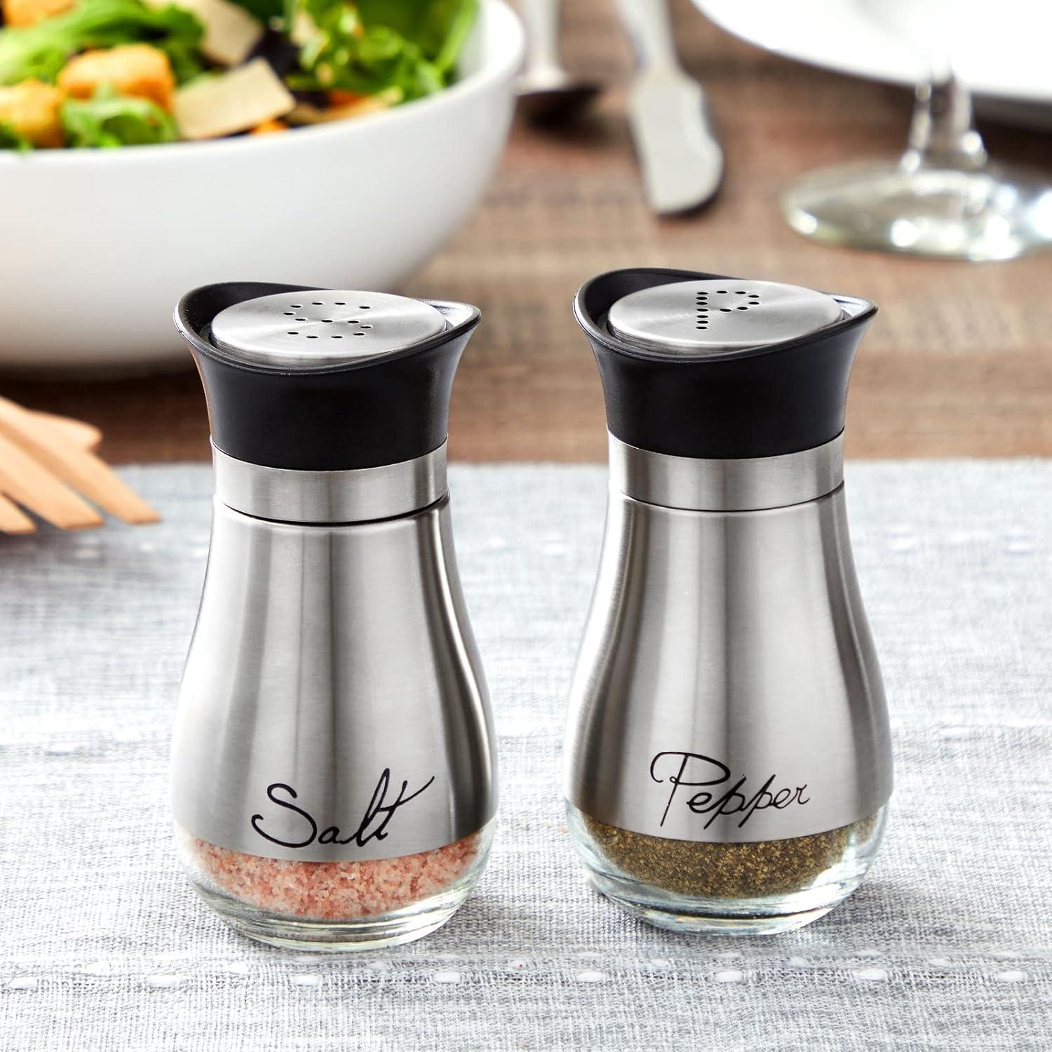 Juvale Stainless Steel Salt and Pepper Shakers Set with Glass Bottom, Perforated "S" and "P" Caps - Modern Kitchen Decor (4oz)