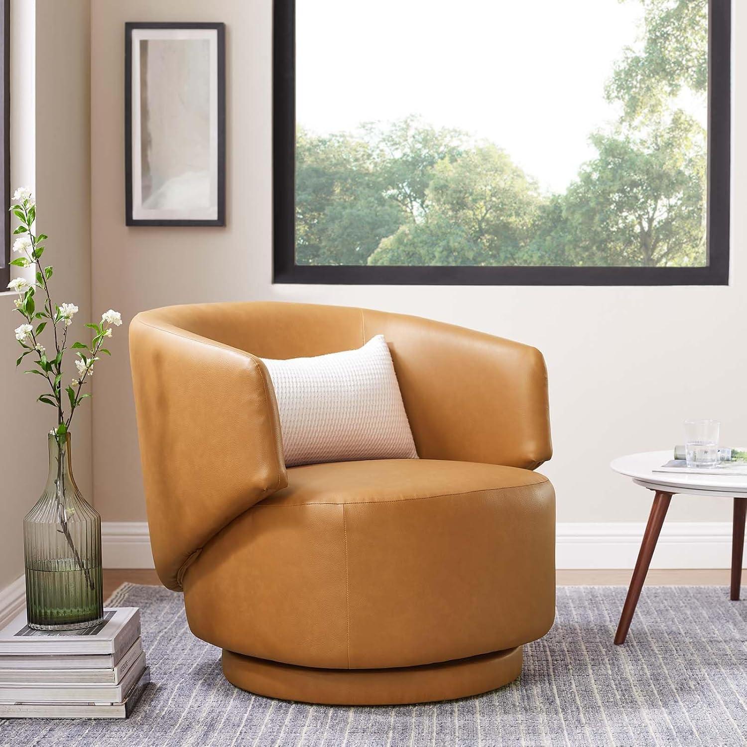 Tan Faux Leather Barrel Swivel Accent Chair with Wood Base