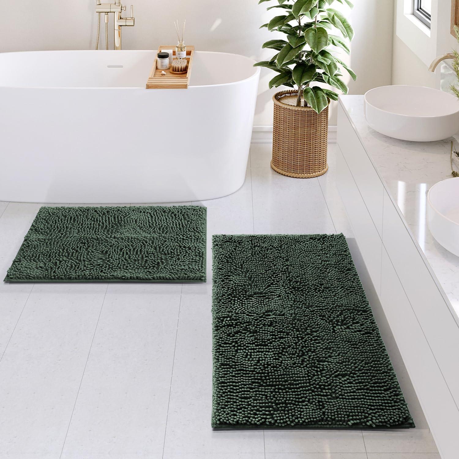 Hunter Green Chenille Bath Rug with Non-Slip Backing, 26x44