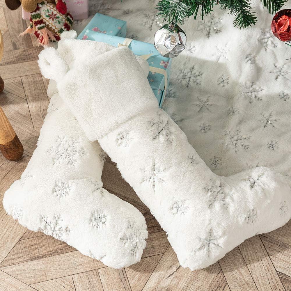 White Faux Fur Christmas Stockings with Gold Snowflakes, 22 Inches