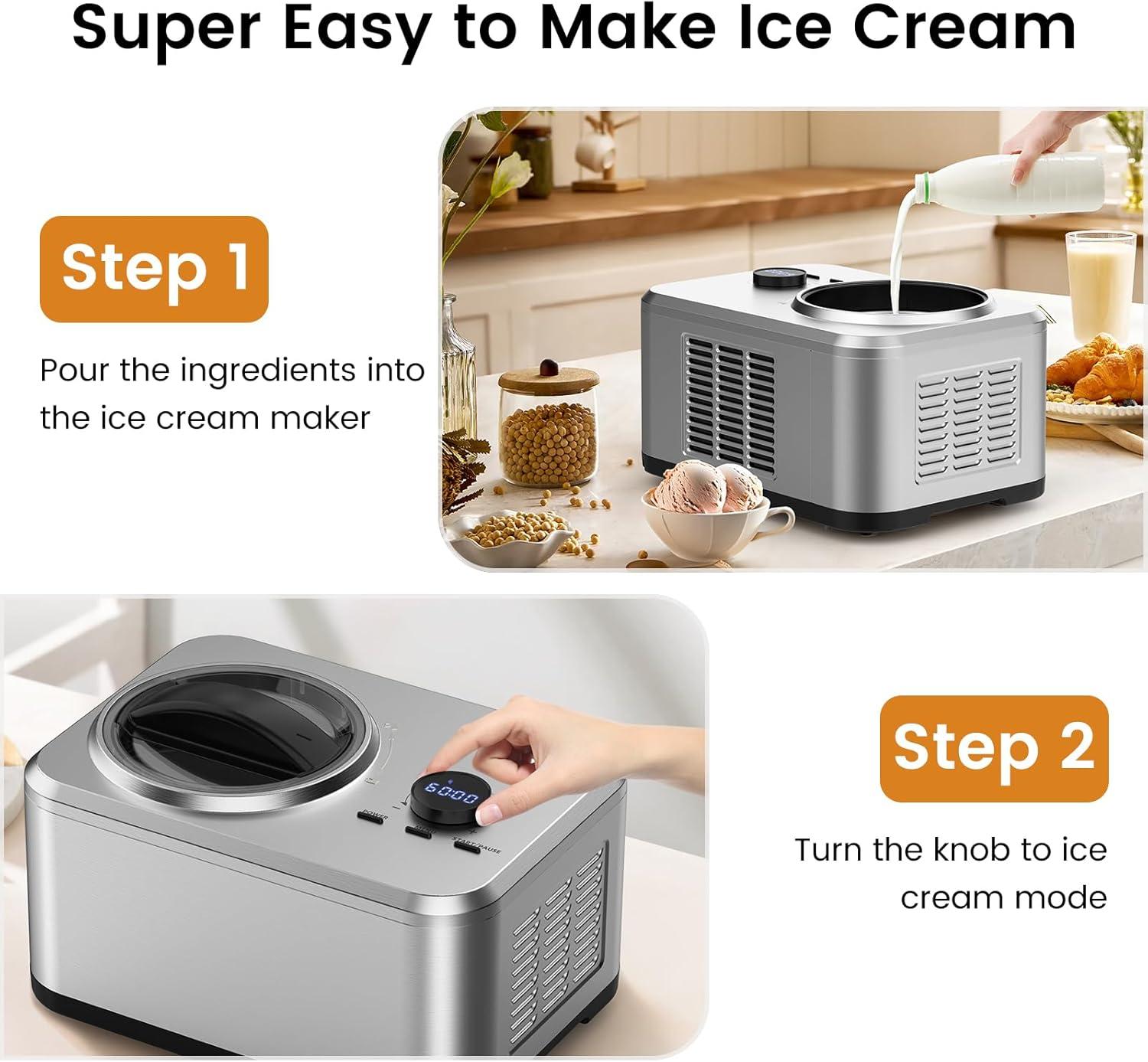 COWSAR 1.5 Quart Ice Cream Maker Machine with Built-in Compressor, Fully Automatic and No Pre-freezing, Frozen Yogurt, Keep-cooling and Timer