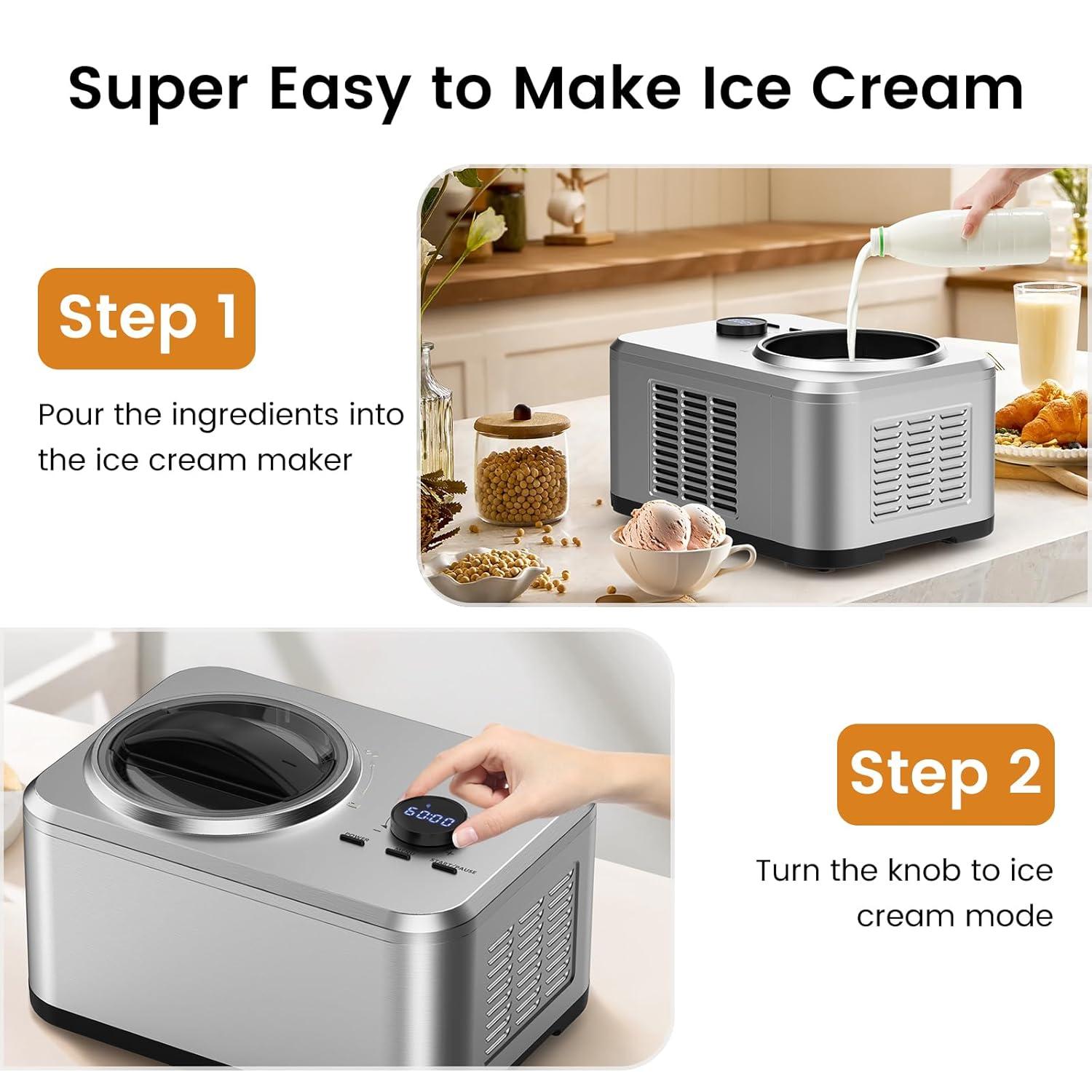 COWSAR 1.5 Quart Ice Cream Maker Machine with Built-in Compressor, Fully Automatic and No Pre-freezing, Frozen Yogurt, Keep-cooling and Timer
