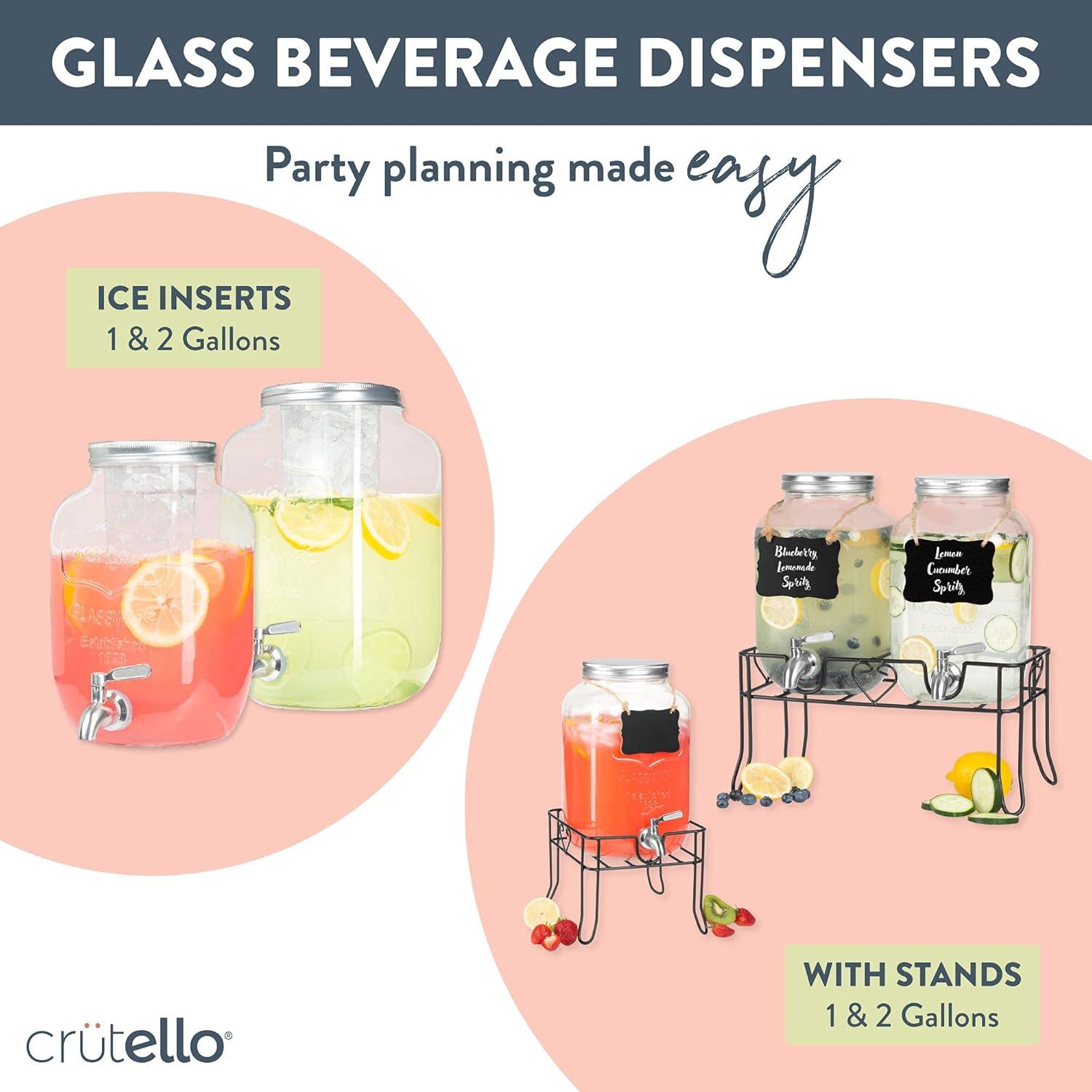 Crutello Outdoor Glass Beverage Dispenser with Stainless Steel Spigot & Ice Cylinder - 2 Gallon Drink Dispenser for Tea, Lemonade, Cold Water & More - A Family-Owned American Brand
