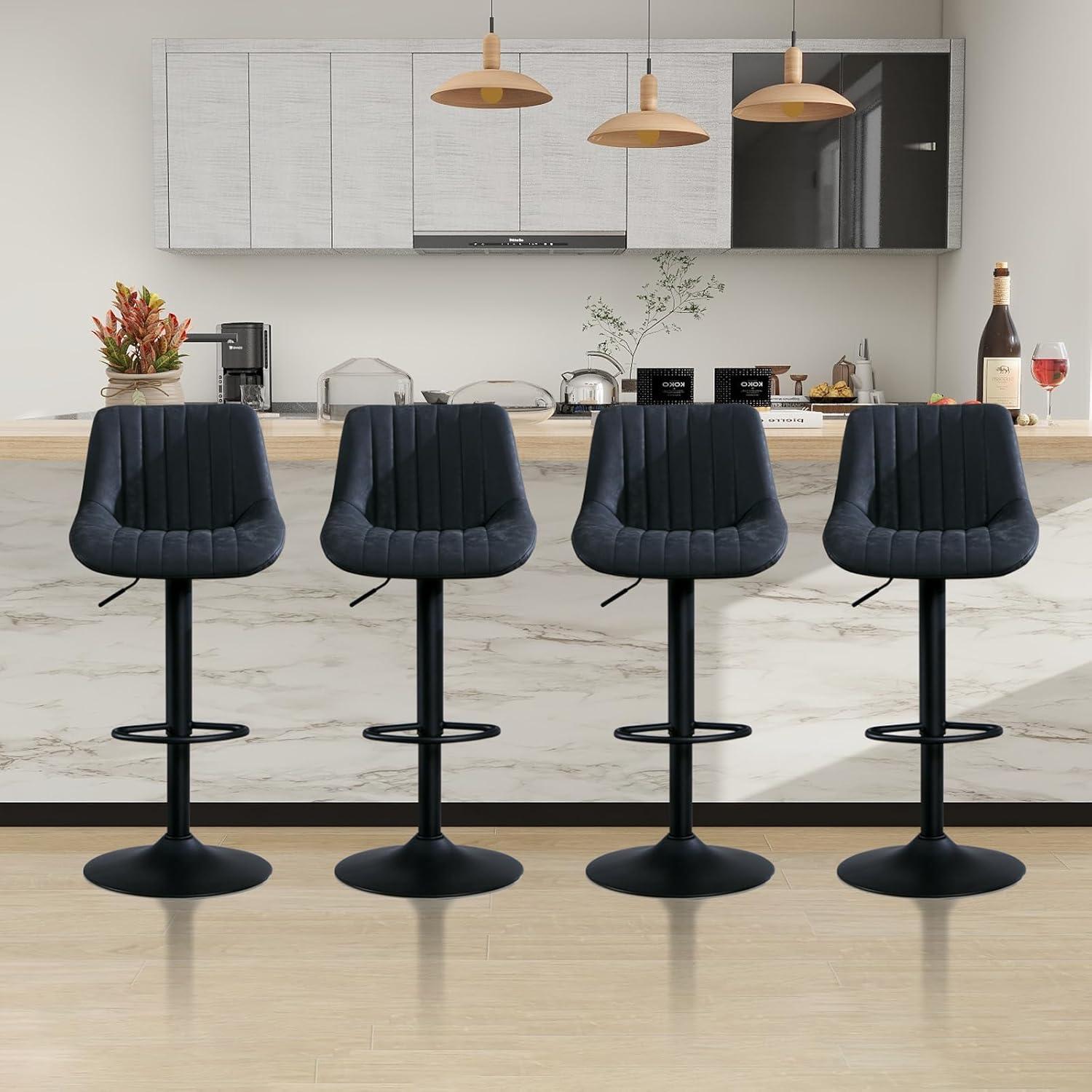 Corrigan Studio® Bar Stools Set of 3, Swivel Counter Height Barstools with Back, Adjustable PU Leather Bar Chairs, Modern Armless Kitchen Island Stool, Black