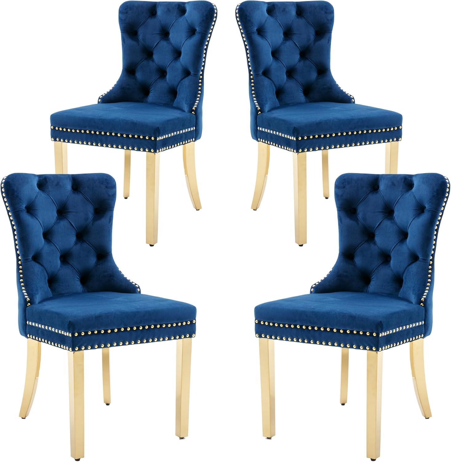 Set of 4 Blue Velvet Tufted Dining Chairs with Nailhead Trim