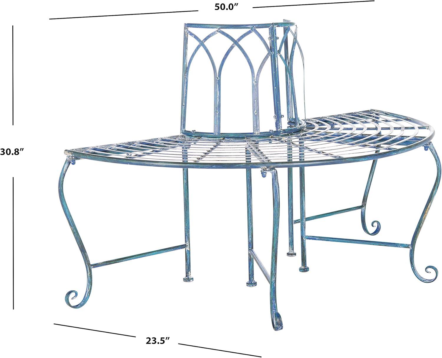 SAFAVIEH Abia Outdoor Patio Wrought Iron Semi Tree Bench, Antique Blue