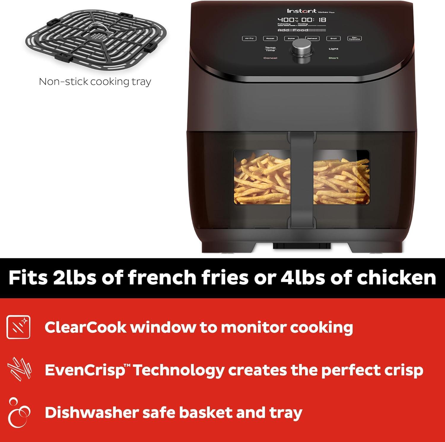 Instant Vortex Plus 6qt Air Fryer with ClearCook - Black: 1800W, 1 Year Warranty, Airfryer Sale