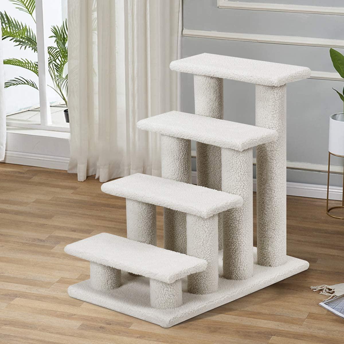 4-Step Pet Stairs Carpeted Ladder Ramp Scratching Post Cat Tree Climber, Dog Stairs for Small Dogs, Dog Steps Stairs Ramps for High Bed Couch