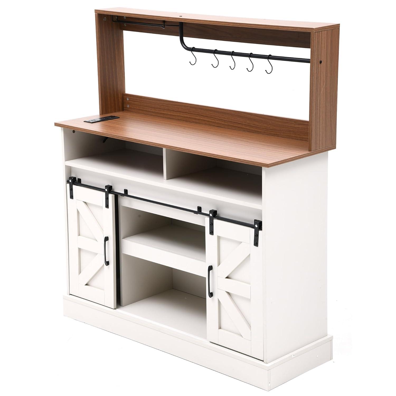 Gracie Oaks Gracie Oaks Farmhouse Coffee Bar Cabinet with Power Outlets, Goblet Holder & Sliding Barn Doors