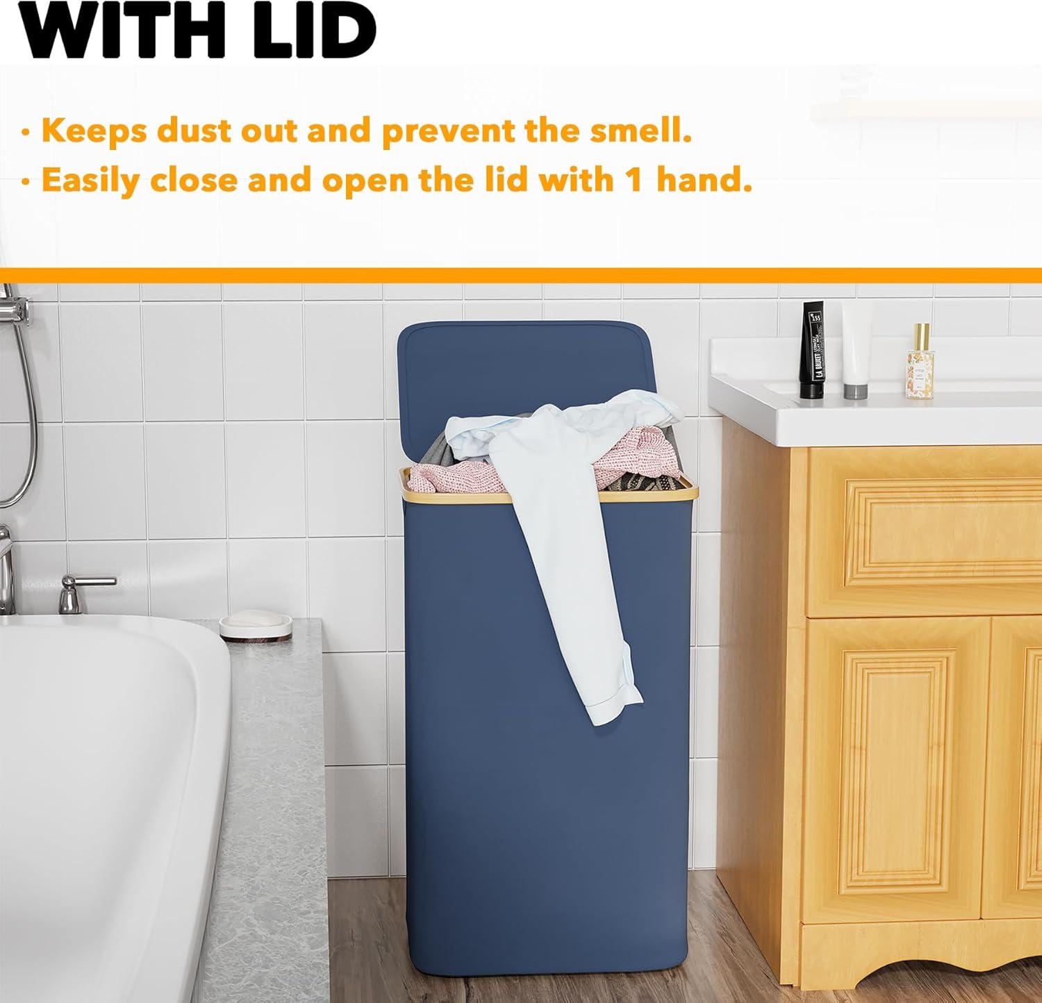 110 L Laundry Hamper with Lid,features Bamboo Handle,Blue