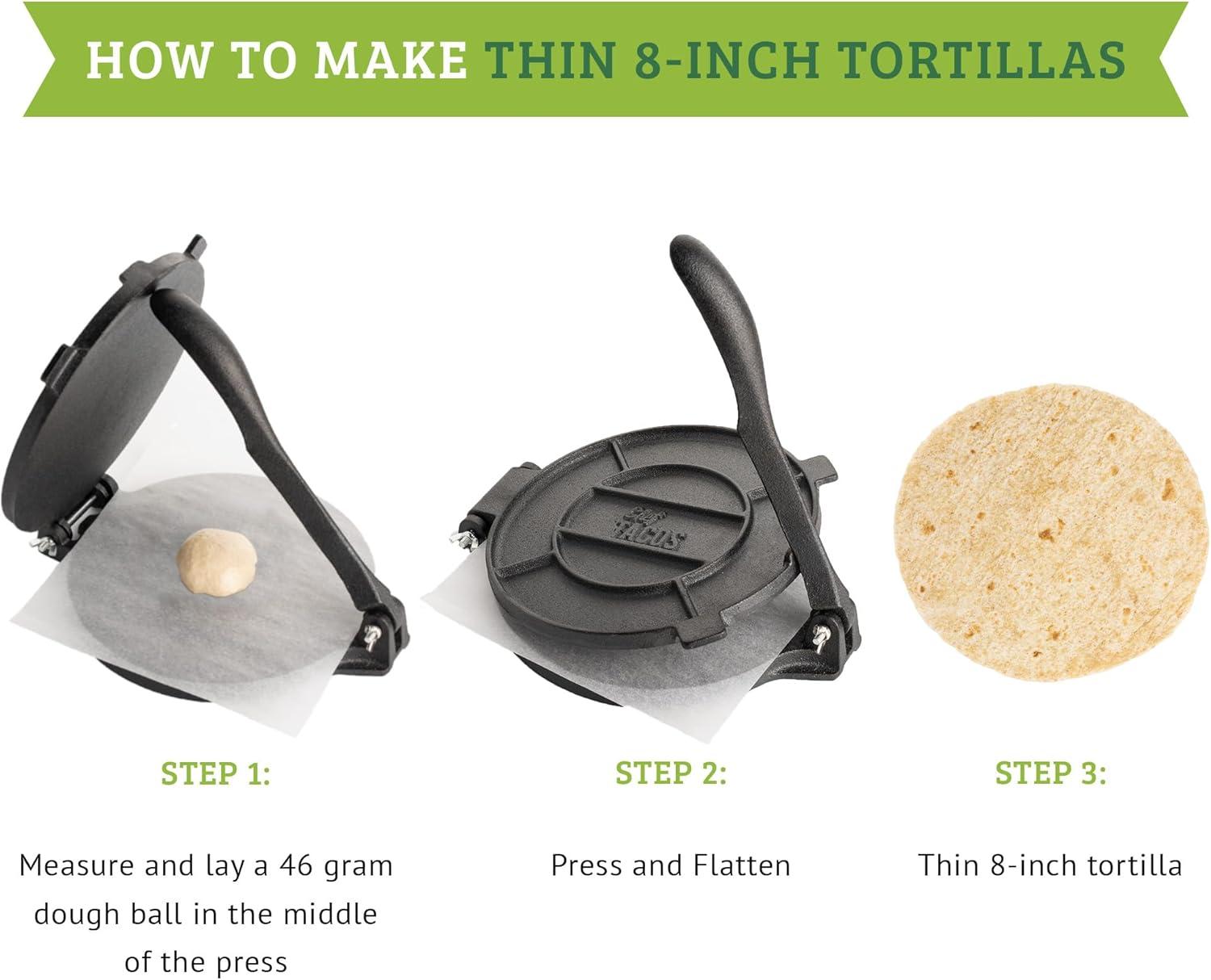 Chef Tacos Authentic Cast Iron Tortilla Press, 8 inch, Pre-Seasoned for a Flavorful, Fresh, Warm Corn or Flour Tortilla