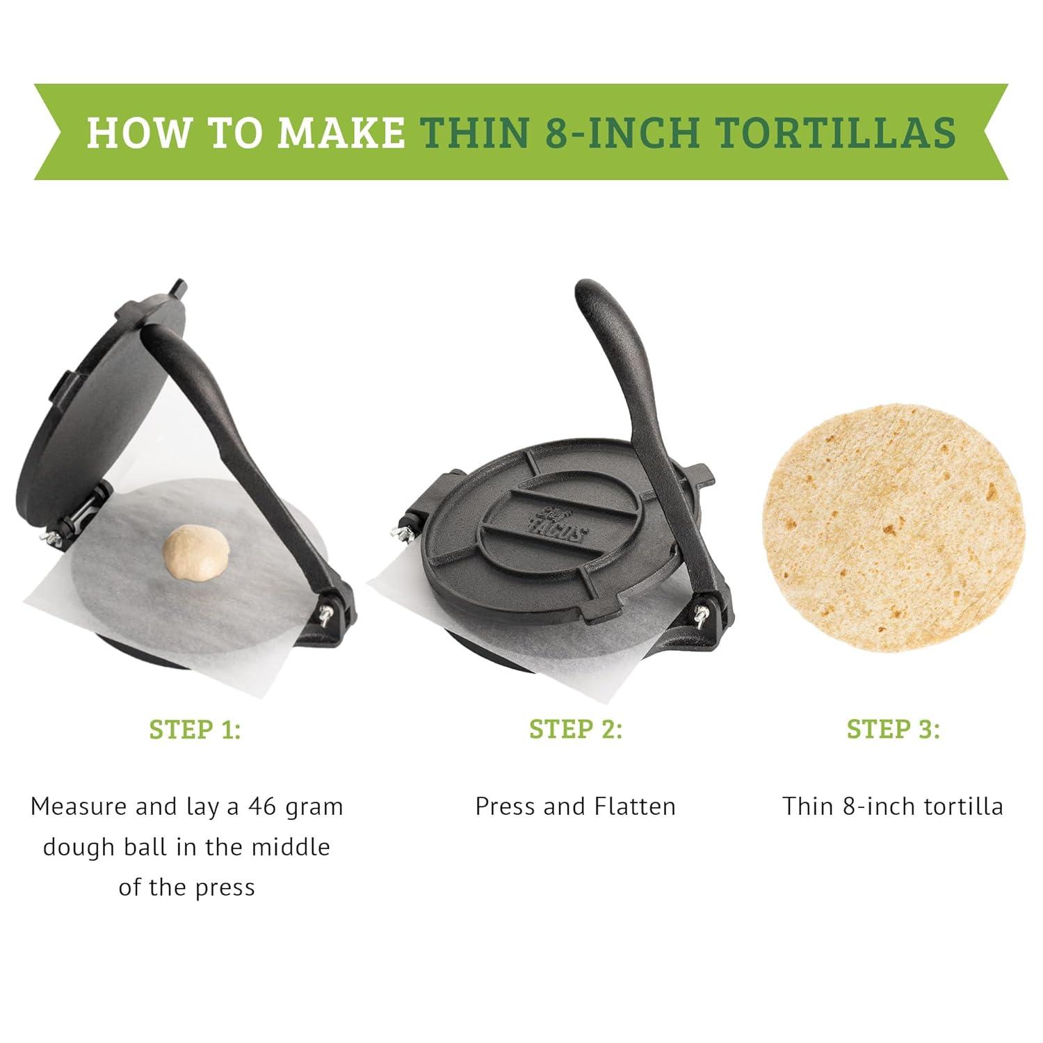Chef Tacos Authentic Cast Iron Tortilla Press, 8 inch, Pre-Seasoned for a Flavorful, Fresh, Warm Corn or Flour Tortilla