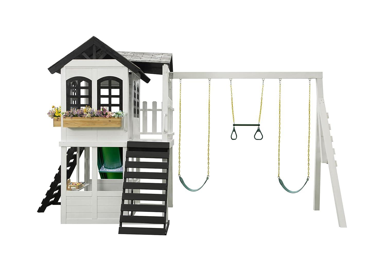 2MamaBees Reign Two Story Playhouse | Black & White Farmhouse Design with Kitchen and Garden