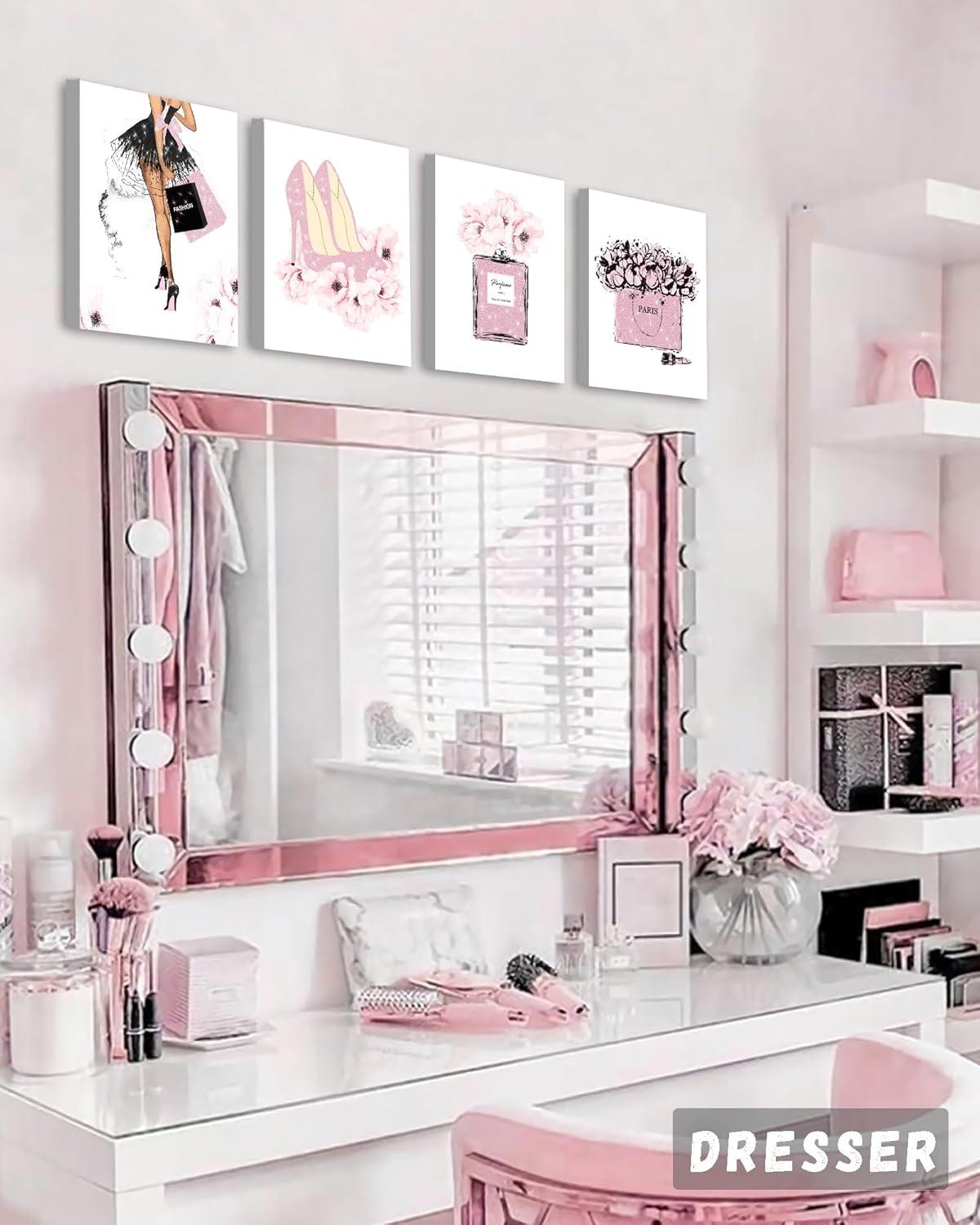 Drsoum Glam Pink Fashion Wall Decor,Woman Makeup Framed Wall Art,Hot Pink Girly Room Decor,Perfume Handbags High Heels Lipstick Wall Paintings Set of 4, 8x10 in (Framed)