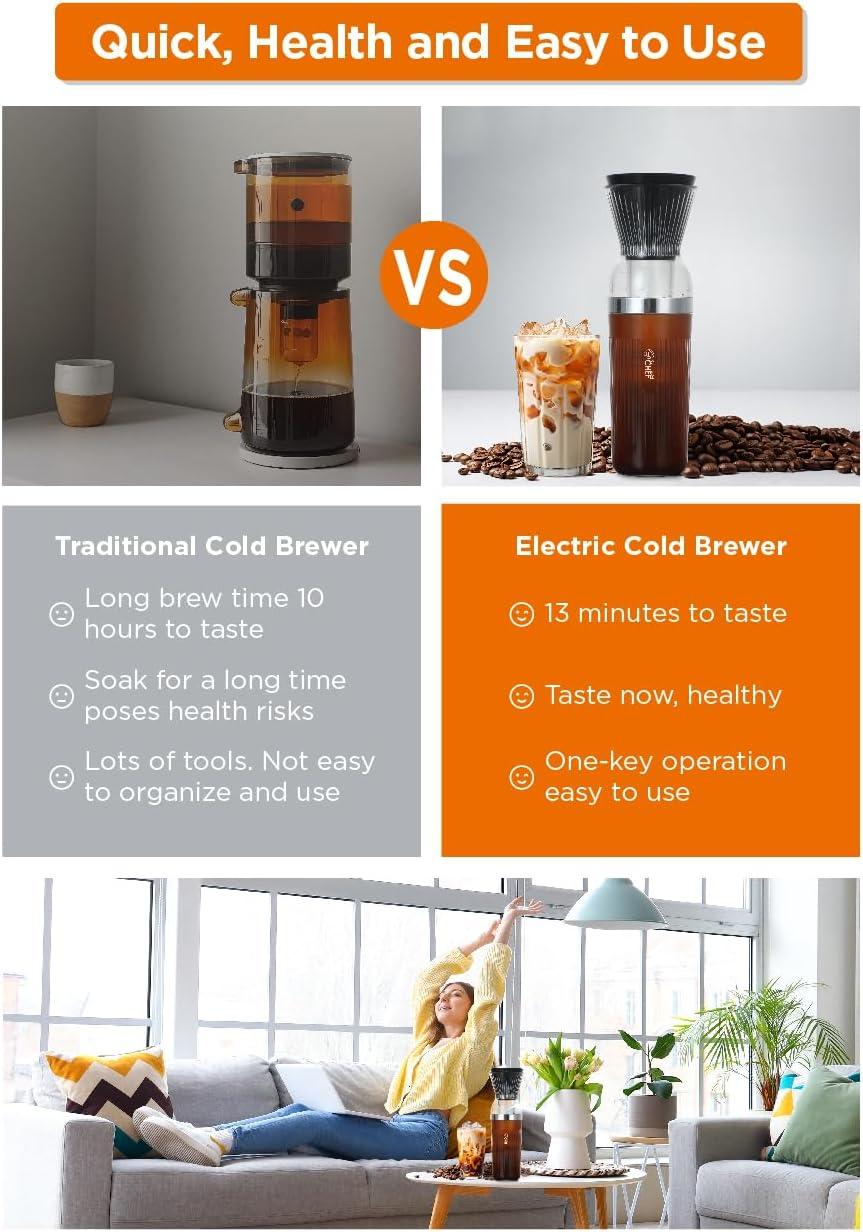 Commercial Chef CHCB14C COMMERCIAL CHEF Quick Cold Brew Coffee Maker, Battery Powered Coffee Maker with Fast Extraction