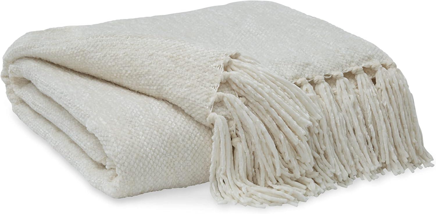 Cream Knotted Fringe Woven Polyester Throw Blanket