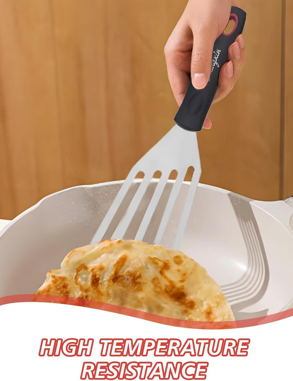 Fish Spatula Turner Set of 2, Heat Resistant Silicone Edge Slotted Fish Spatulas for Nonstick Cookware, Flexible and Thin Stainless Steel Kitchen Cooking Spatula Flipper for Fish, Egg, Pancake