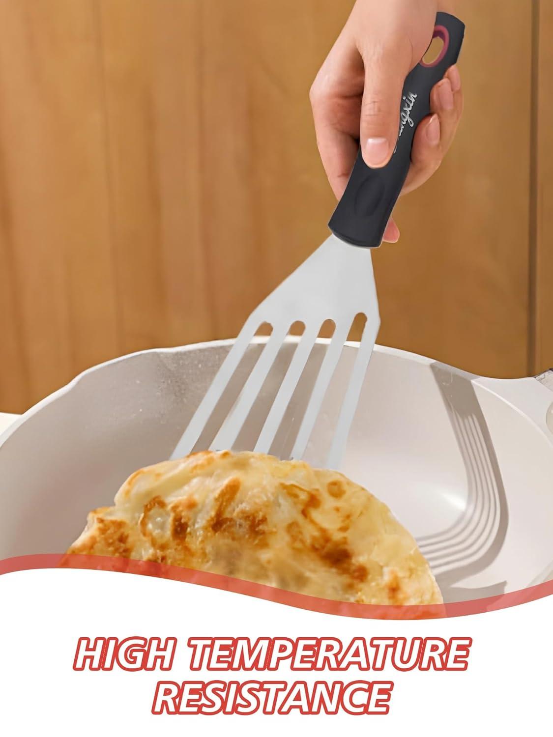 Fish Spatula Turner Set of 2, Heat Resistant Silicone Edge Slotted Fish Spatulas for Nonstick Cookware, Flexible and Thin Stainless Steel Kitchen Cooking Spatula Flipper for Fish, Egg, Pancake