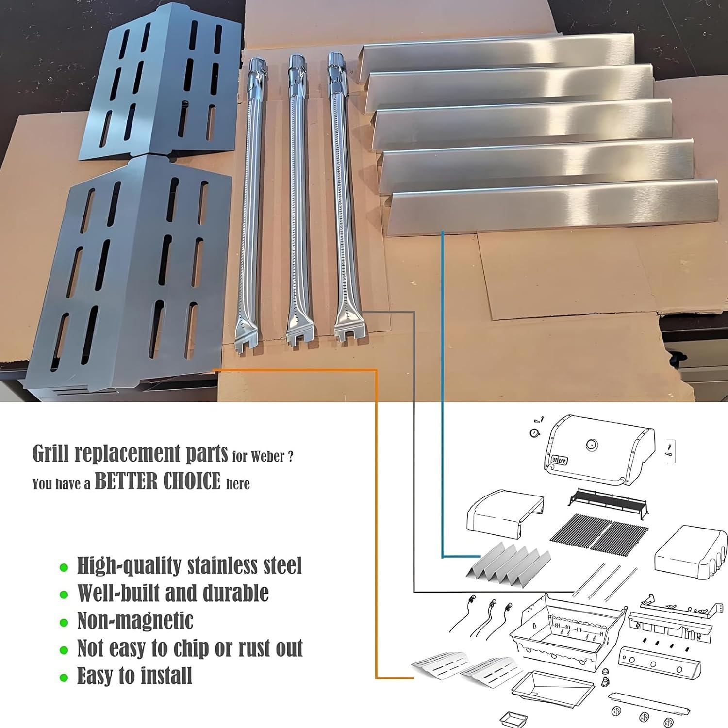 62752 7620 7622 Grill Replacement Parts for Weber Genesis E310 E320 E330 S310 S320 S330 EP310 EP320 EP330, 17.5" Flavorizer Bars, 19.5" Burner, 13 1/4" Heat Deflectors