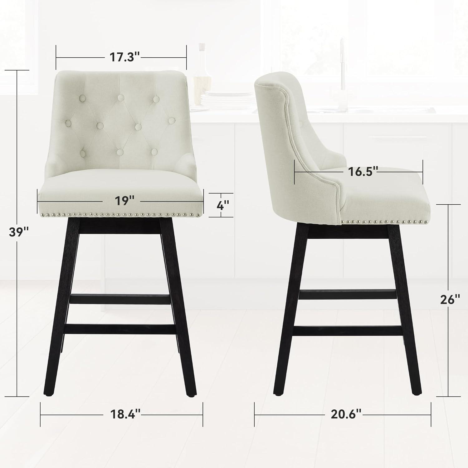 Swivel Counter Height Bar Stools with Back, 26” Upholstered Barstools Set of 2, Mid Century Morden Counter Height Chairs with Wood Legs for Kitchen Island, Home Bar, White