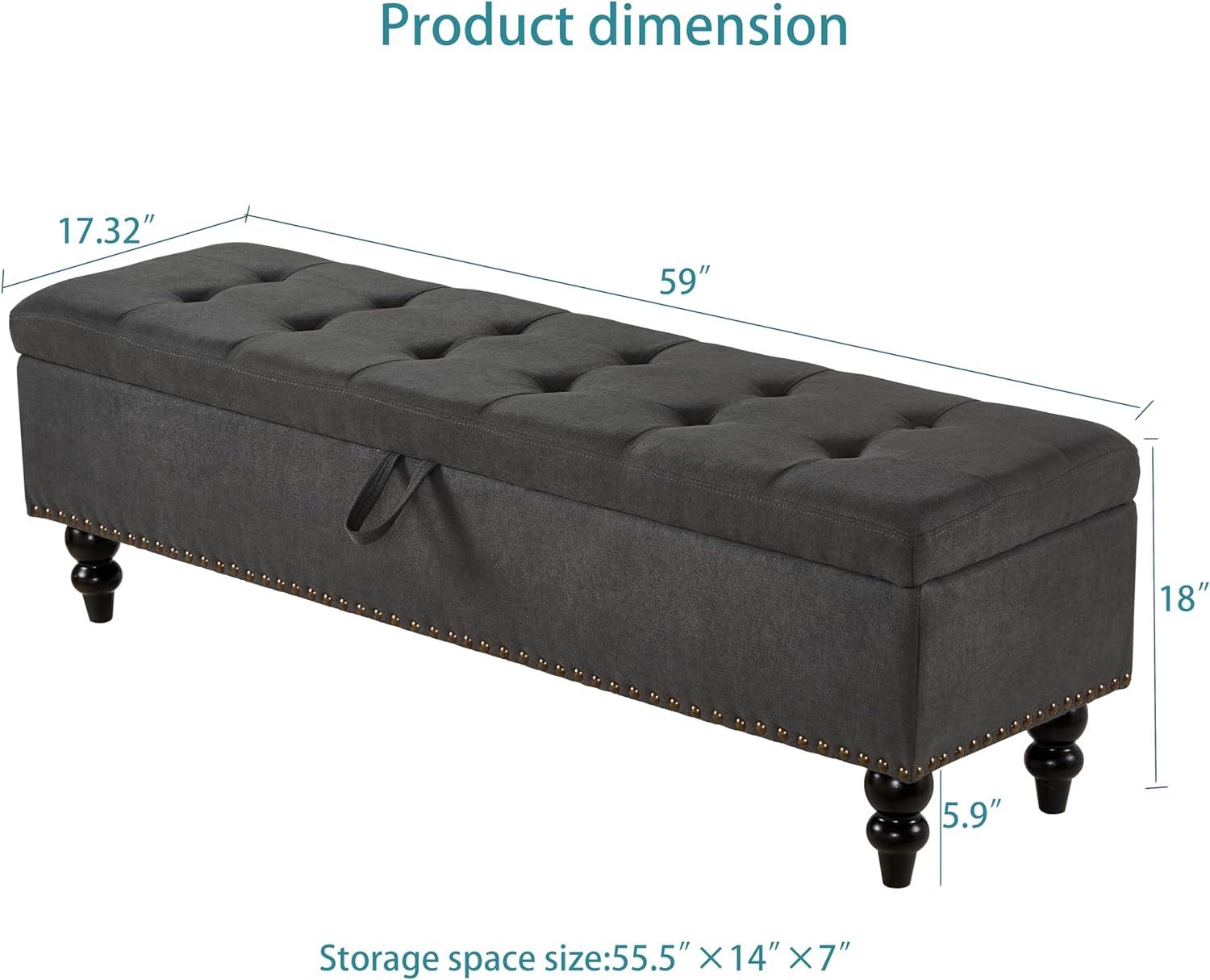 59" Tufted Button Storage Bench, Modern Linen Upholstered Ottoman with Wooden Legs, Bed End Bench Window Bench for Bedroom Living Room, Grey