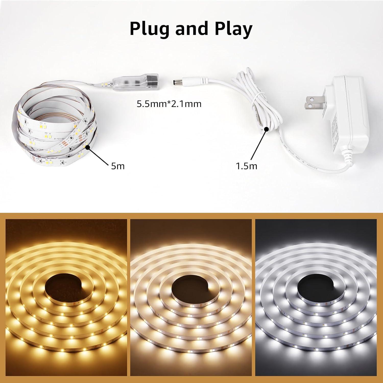 Lepro 16.4ft LED Strip Light, Tunable Warm to Cool White Tape Lights, 300pcs 2835 LEDs Bright Rope Lights Dimmable, Strong 3M Adhesive, Suitable for Christmas Decoration, Home & Bedroom Illumination