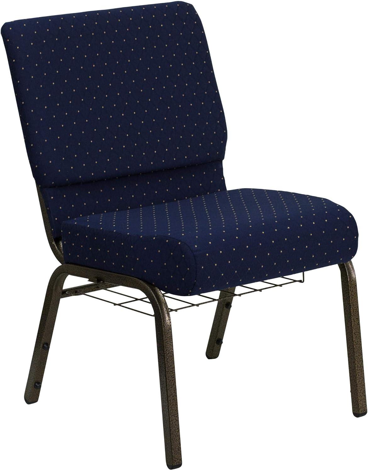 Navy Blue Fabric Stacking Chair with Silver Steel Frame and Book Rack