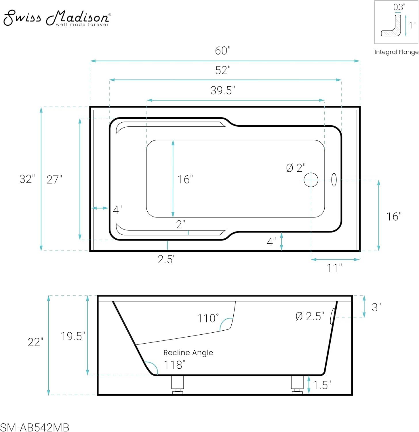 Voltaire 60" x 32" Alcove Bathtub with Apron