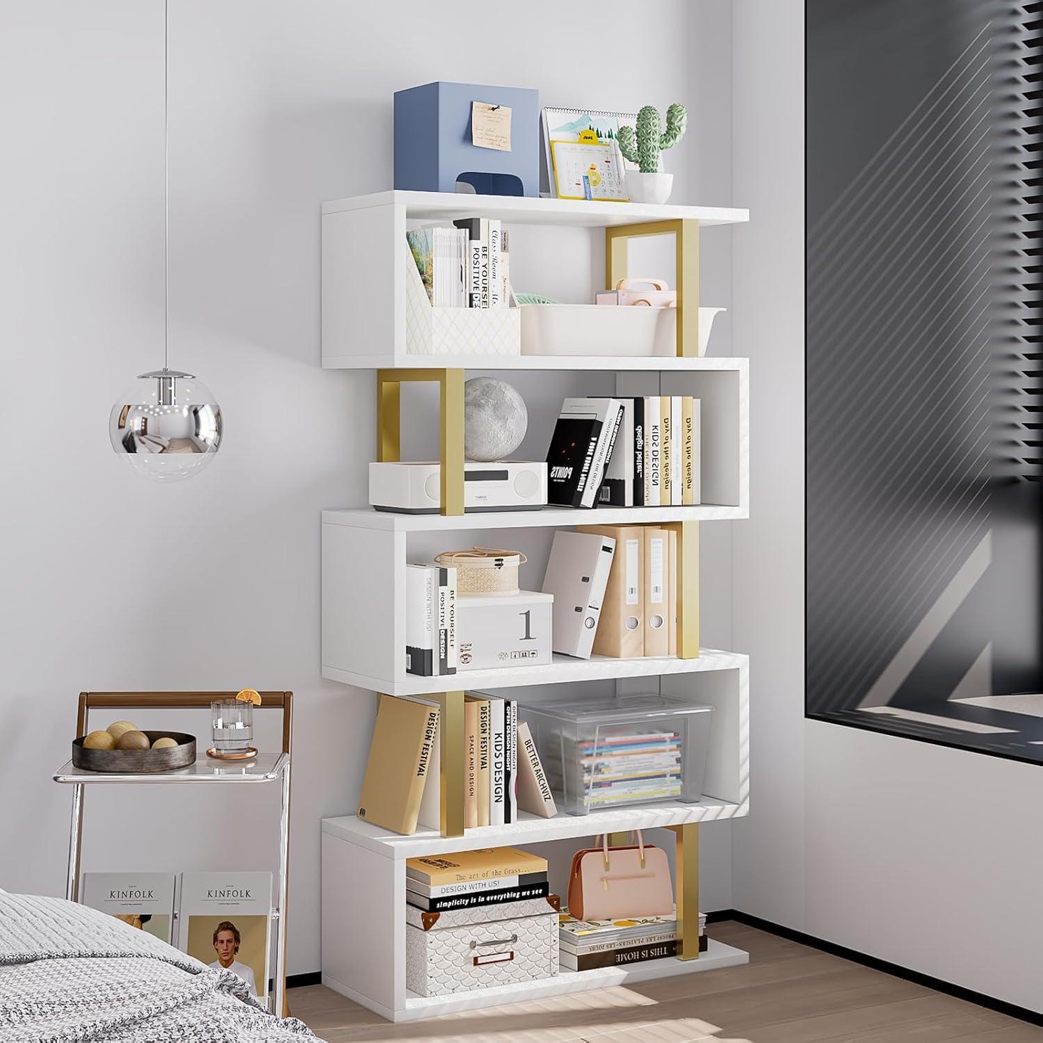 White S-Shaped 5-Tier Geometric Bookcase with Gold Accents