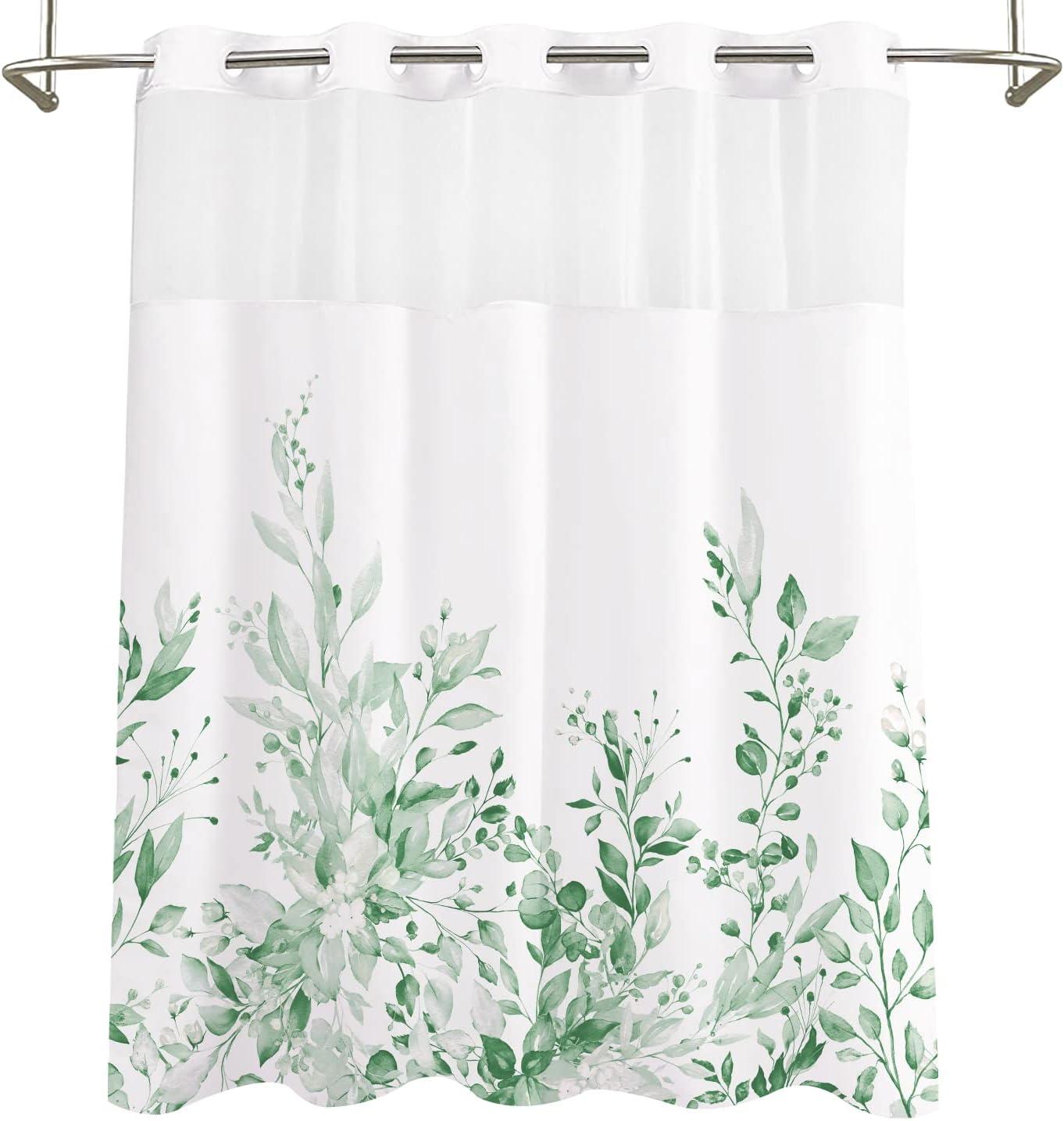 No Hook Shower Curtain with Snap in Liner, Eucalyptus Leaf Vintage Sage Green Leaves Hotel Shower Curtains for Bathroom, Washable Shower Curtain Liner Set with Mesh Top Window, 66"x72"