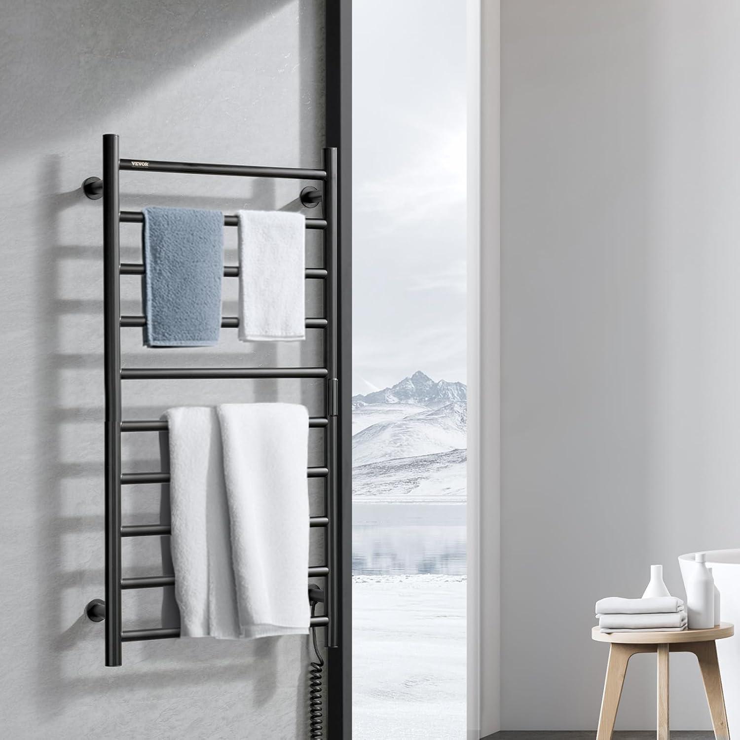 VEVOR 10-Bar Wall-Mounted Heated Towel Warmer Rack, Black, Adjustable Temperature