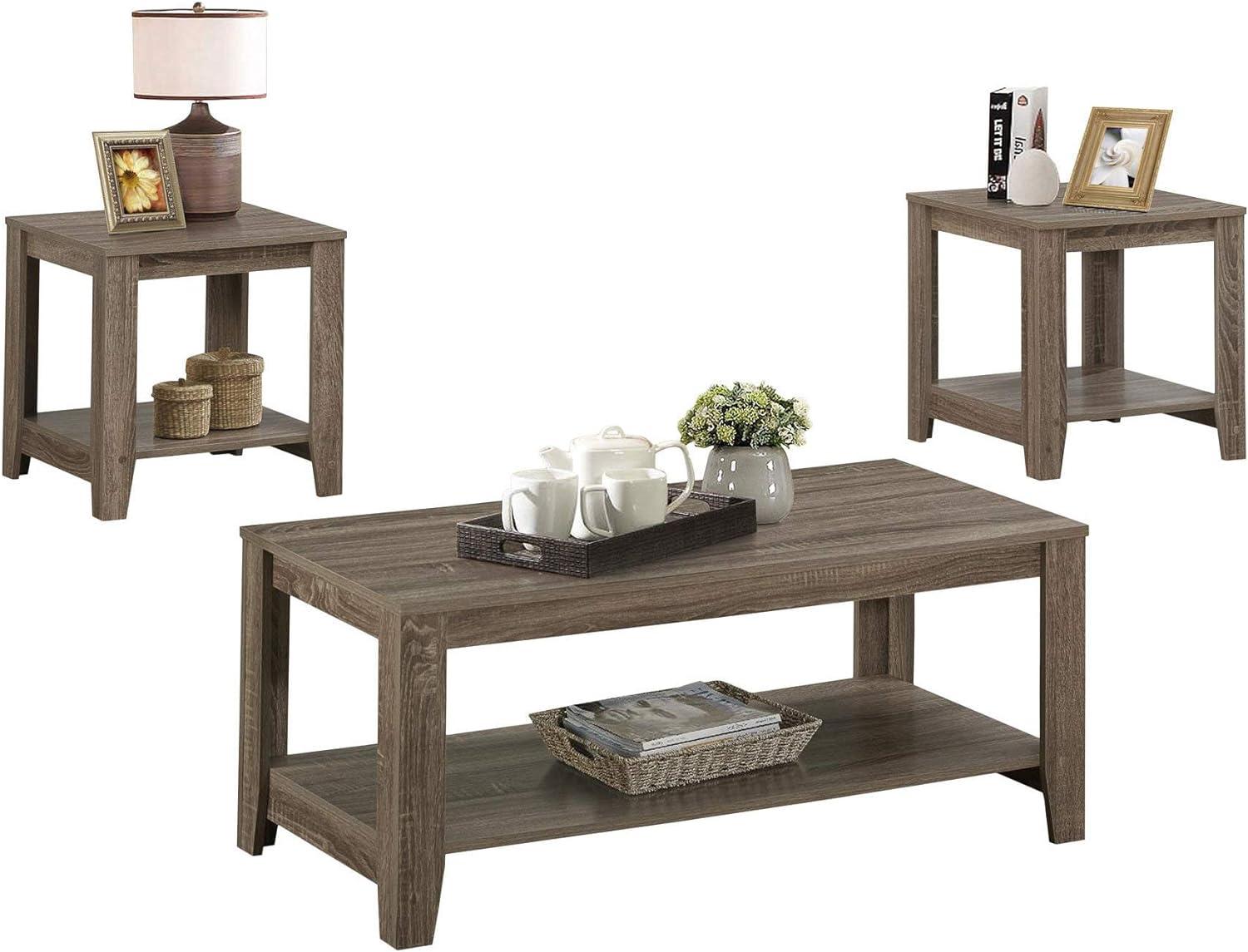 Monarch Specialties 3 Piece Occassional Table Set with Shelves, Dark Taupe