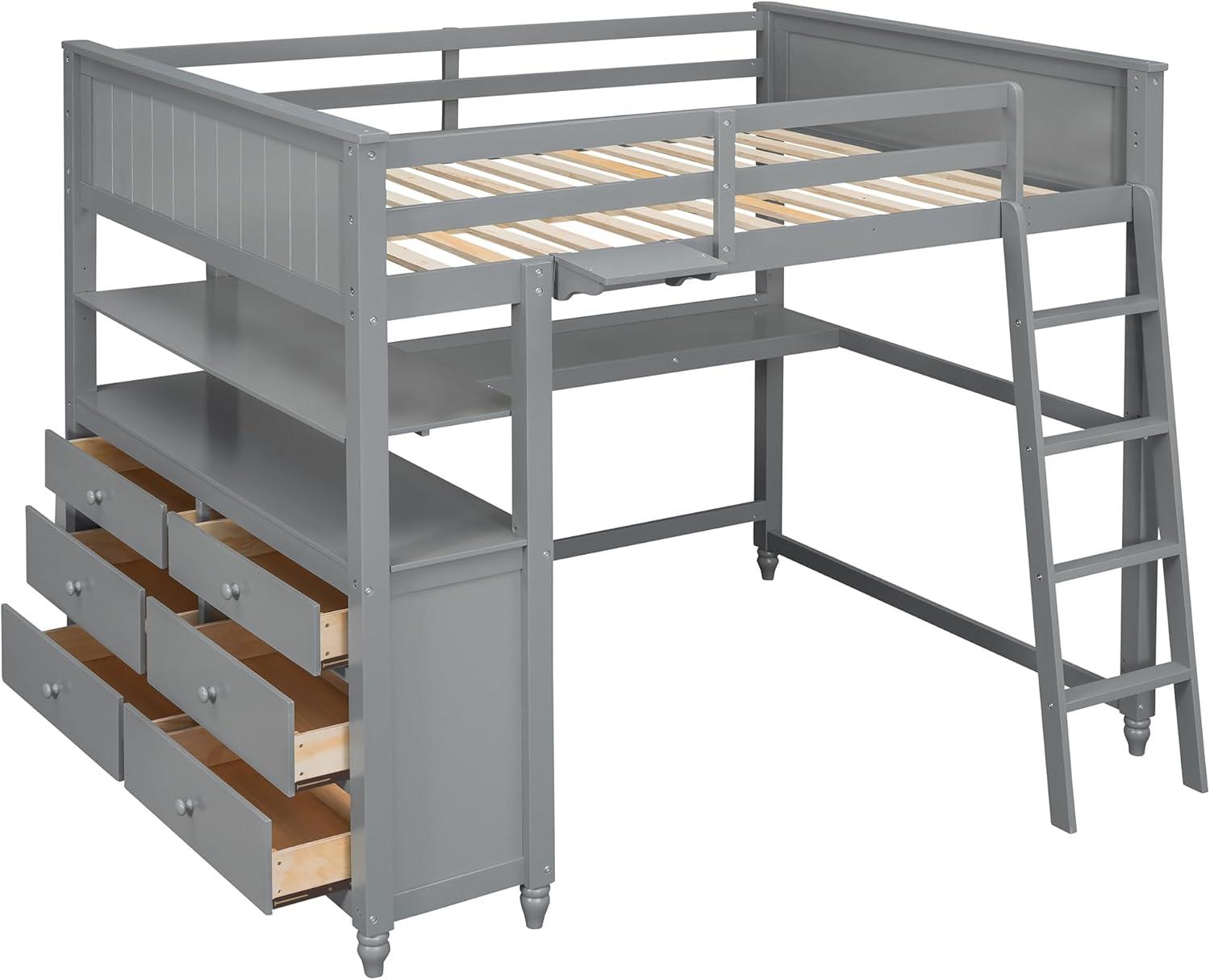 Full Size Loft Bed with Desk and Storage Drawers, Wood Loft Bed Frame with Shelves and Ladder for Kids Adults Boys Girls Teens, Gray
