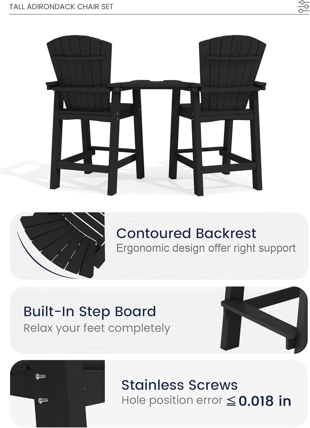 JUSTLET Tall Plastic Adirondack Chair Set of 2 W/ Outdoor Barstools and Connecting Tray, Brown