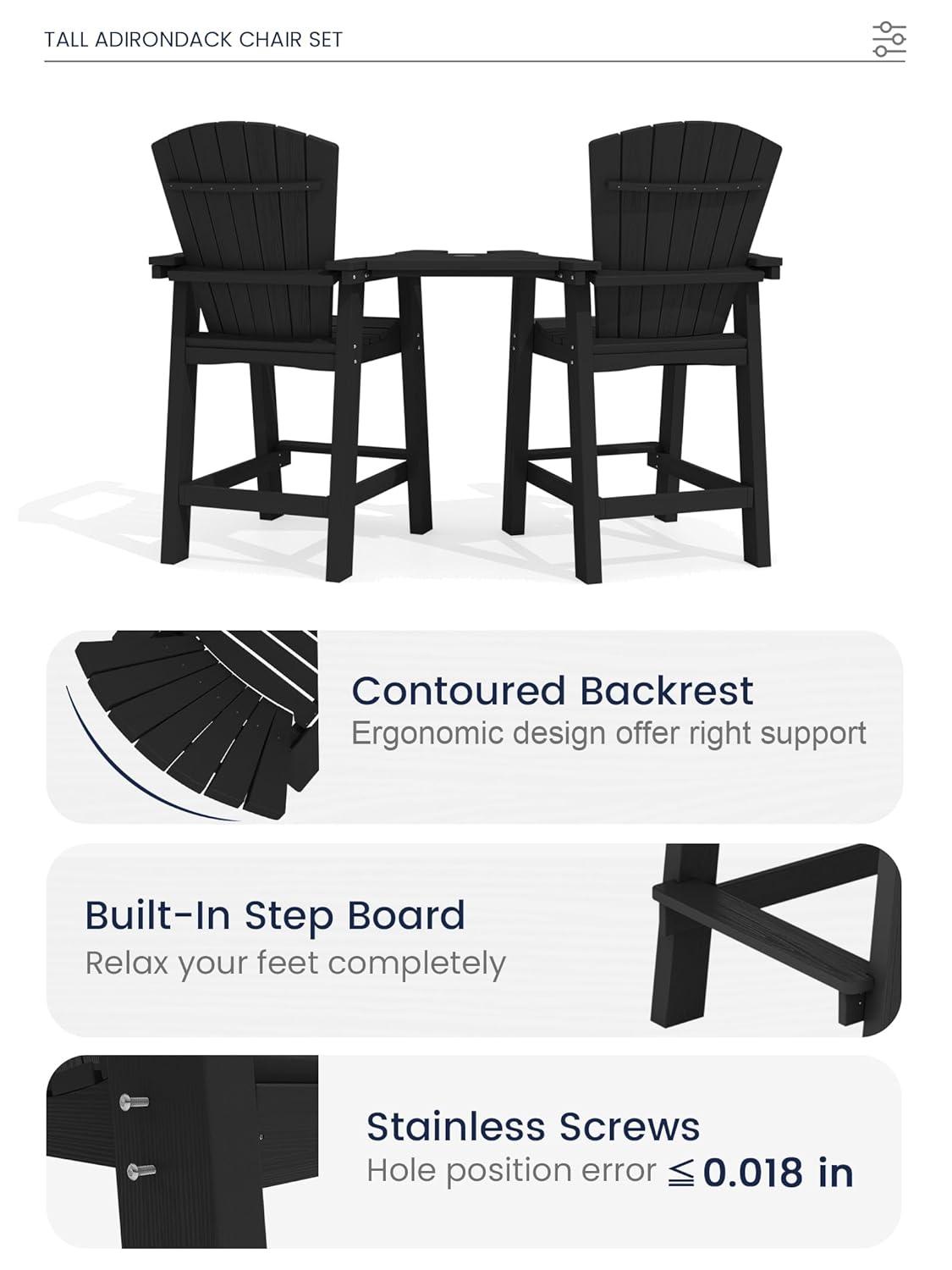 JUSTLET Tall Plastic Adirondack Chair Set of 2 W/ Outdoor Barstools and Connecting Tray, Brown