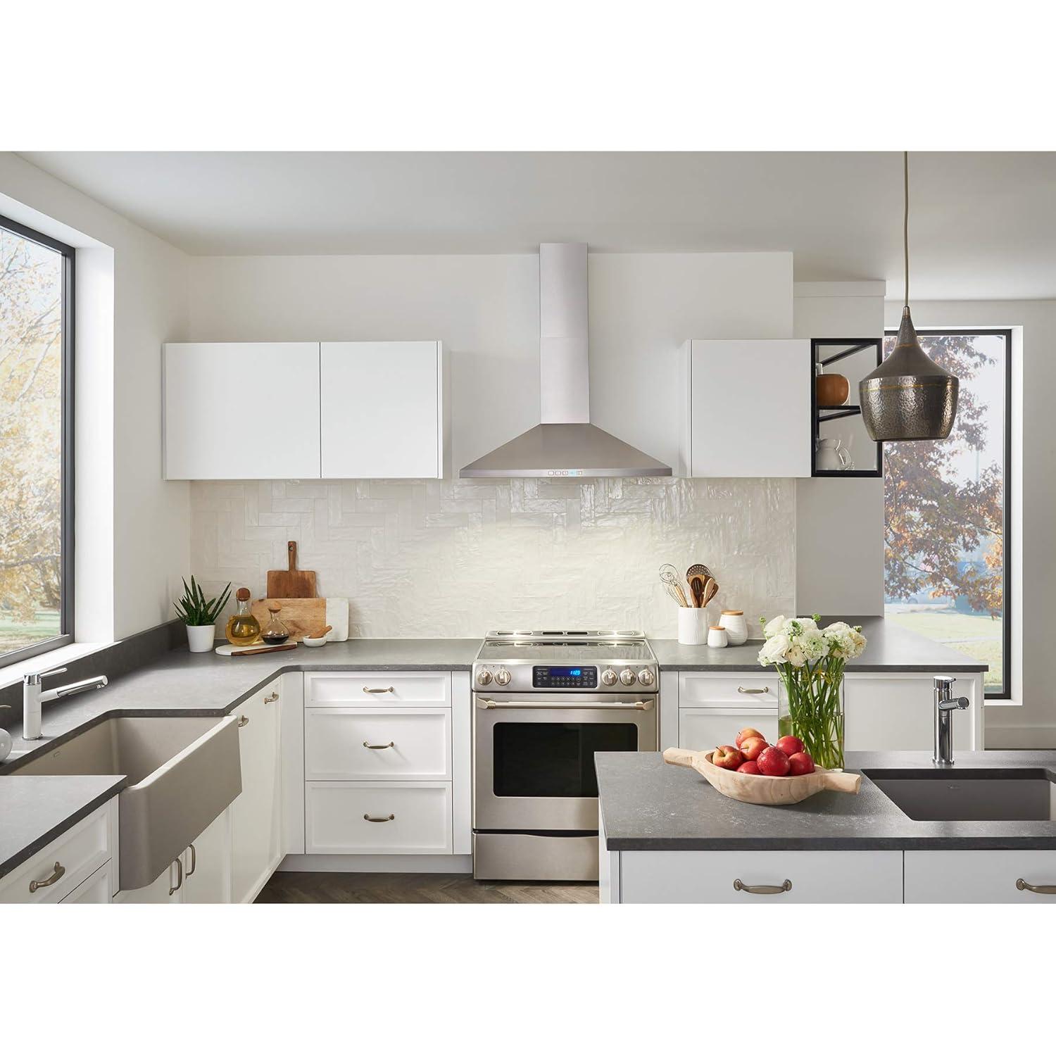 Broan-NuTone 24" Pyramidal Chimney Range Hood with LED Lighting, Convertible Wall-Mount Kitchen Chimney Vent Hood, 450 Max CFM, Stainless Steel