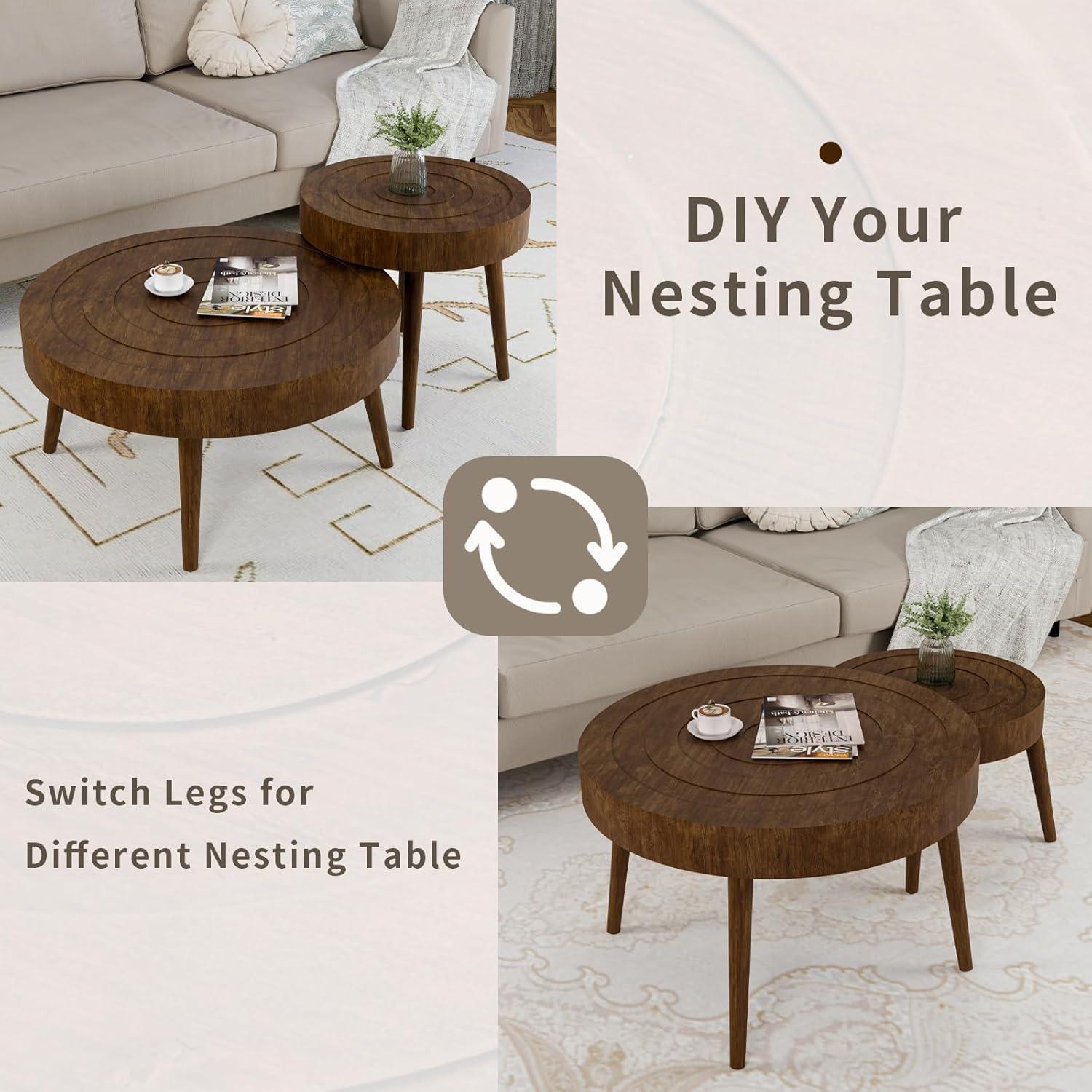 COSIEST 2 Piece Round Coffee Table Set, Modern Nesting Table with Handcrafted Wood Ring Motif, Farmhouse Wood End Table for Living Room