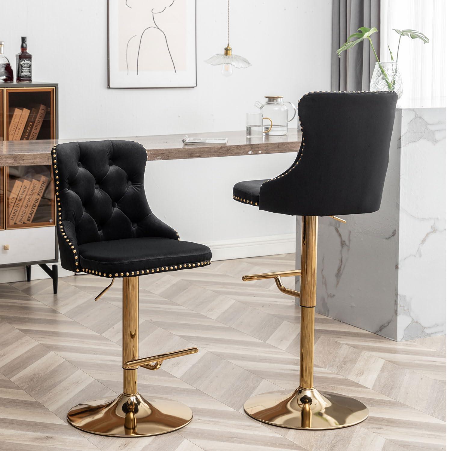 Gold Velvet Bar Stools Set of 2, Swivel Counter Height Bar Stools with Nailheads Trim and Button, Adjustable Barstools for Kitchen Island, Pub, Club (Black)