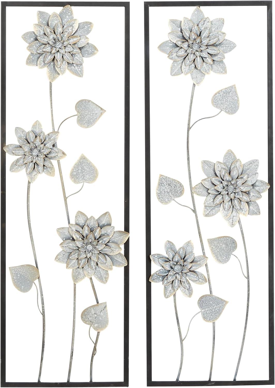 DecMode Gray Metal Floral Wall Decor with Black Frame (2 Count)