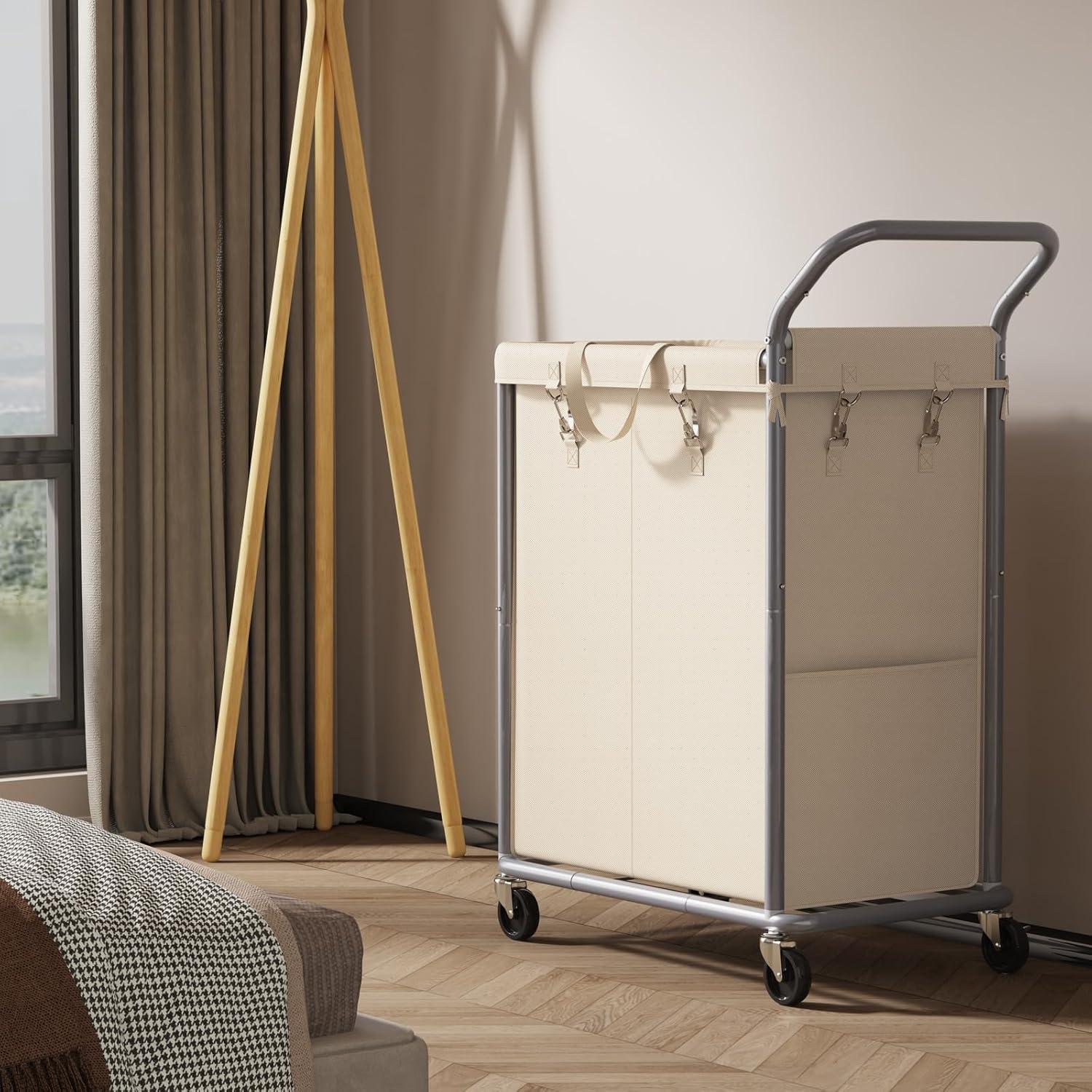 Beige 140L Rolling Laundry Sorter with Steel Frame and Removable Liner