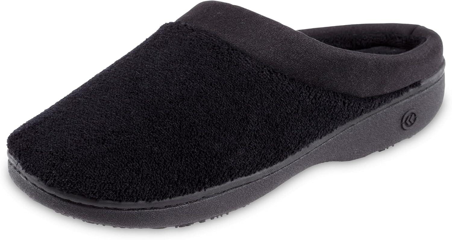 Isotoner Women's Terry and Satin Slip on Cushioned Slipper with Memory Foam for Indoor/Outdoor Comfort Flat Sandals BLK-8/9