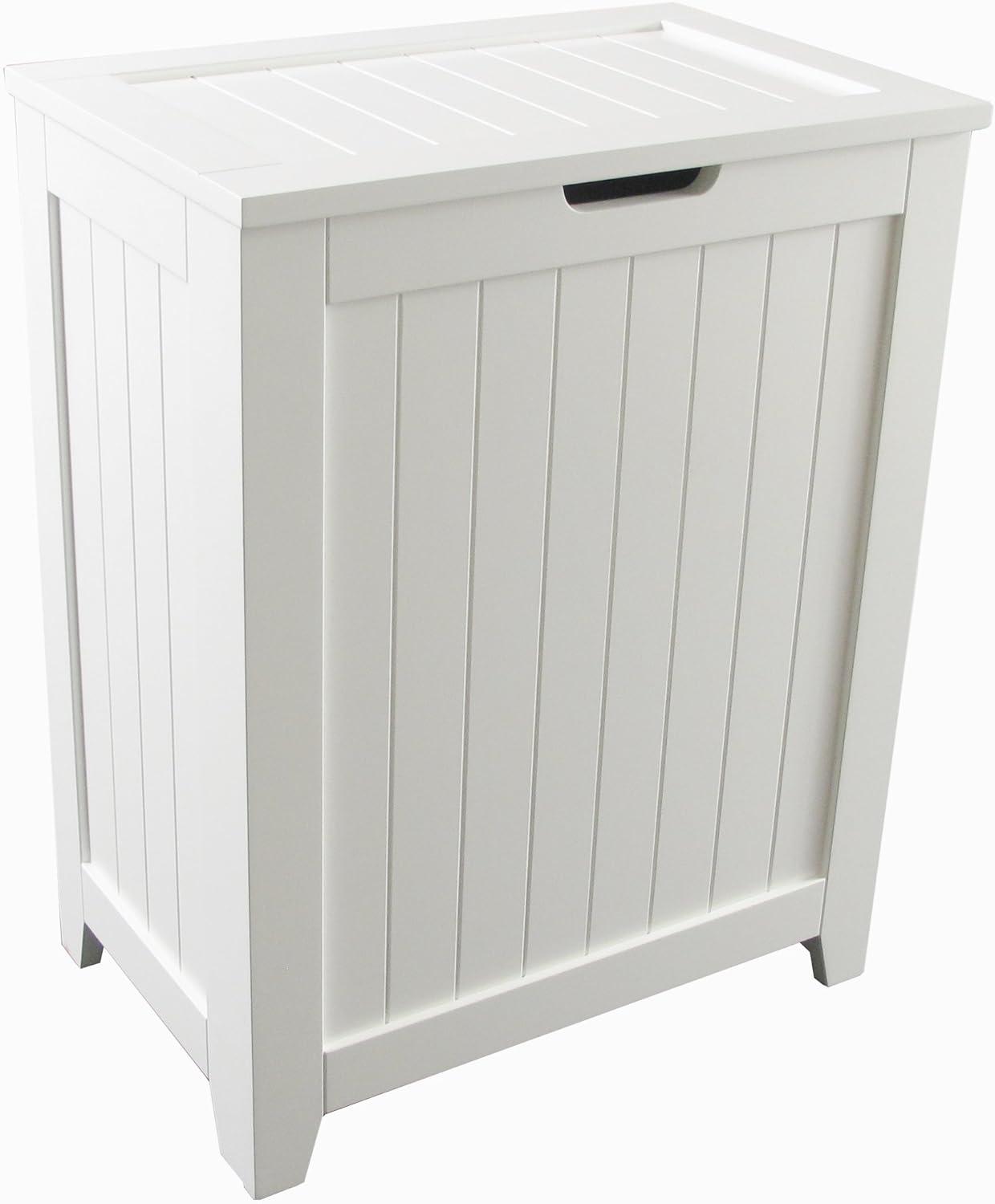 White Wainscot Style Wooden Laundry Hamper with Lid